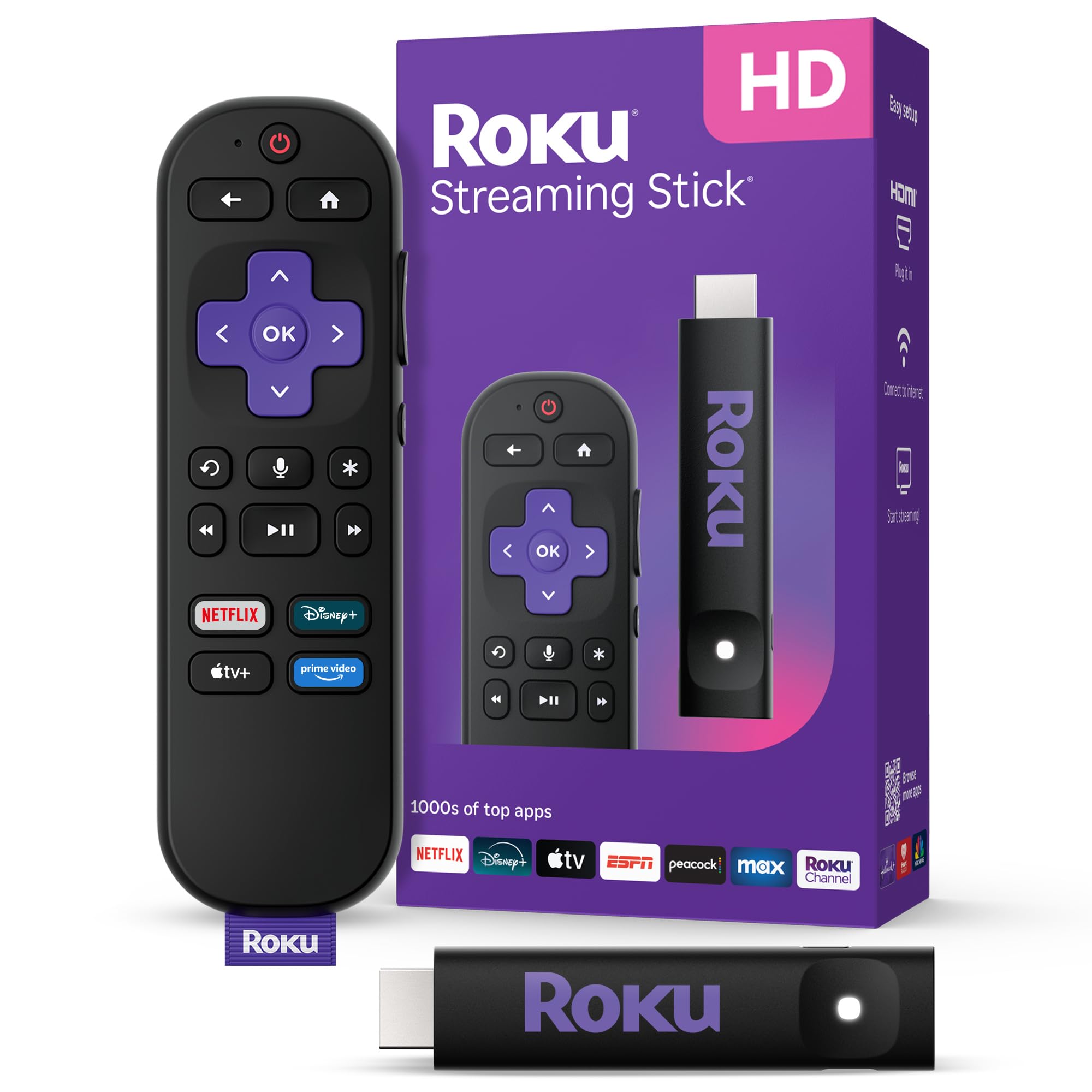 Old World Hub Roku Streaming Stick HD with voice remote, compact HD streaming device for TV with free and live TV options
