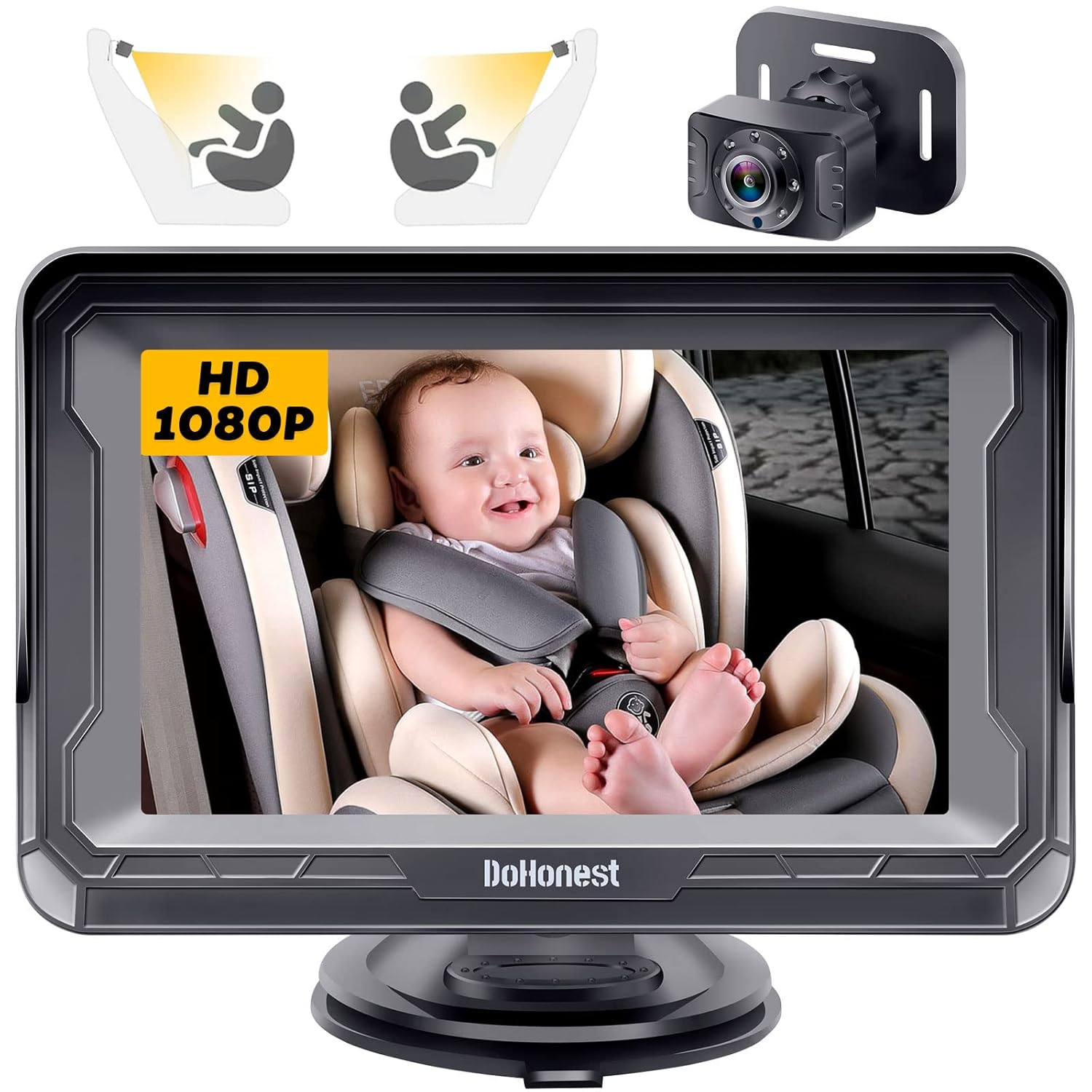 Old World Hub DoHonest Baby Car Camera HD 1080P rear-facing monitor with night vision and adjustable view angle for kids' safety.