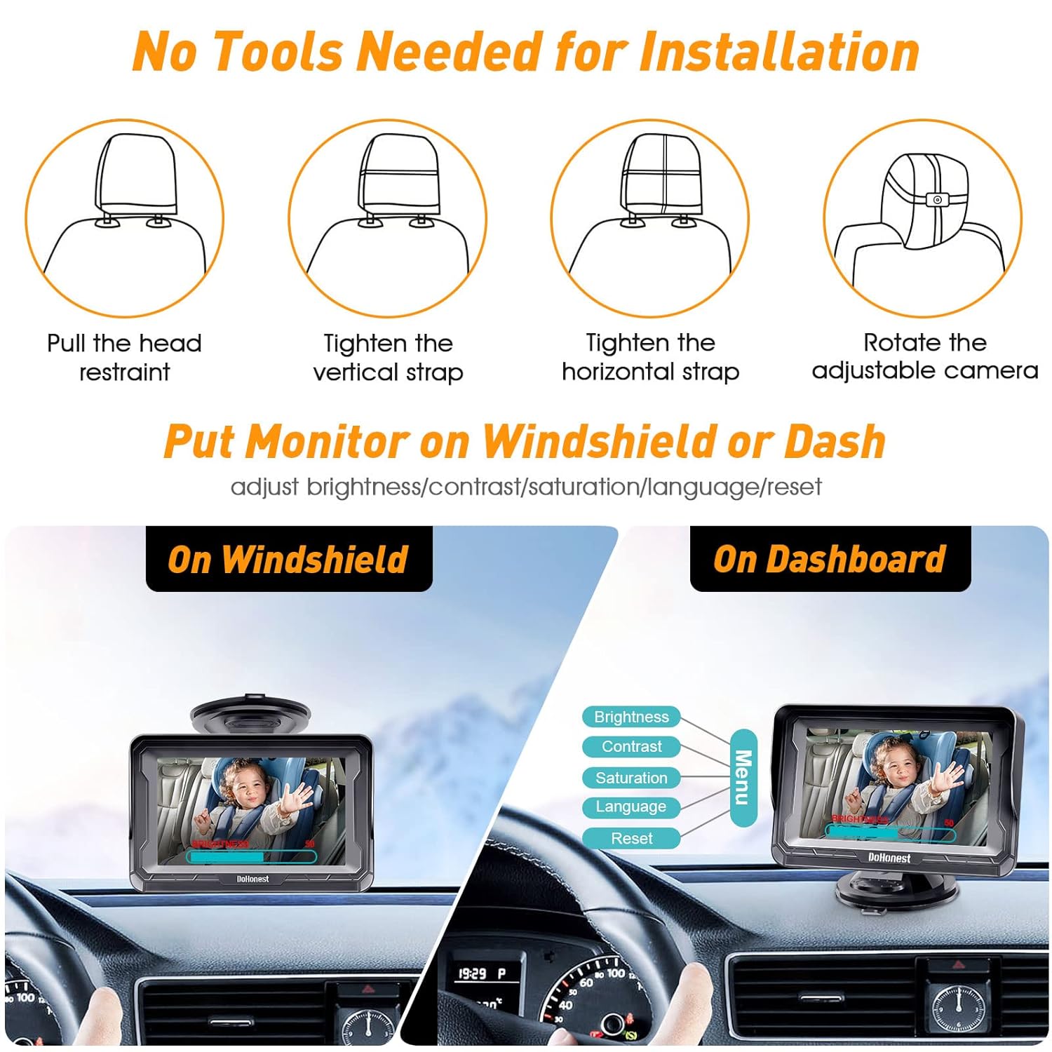 DoHonest Baby Car Camera HD 1080P with night vision, adjustable view, and anti-glare display for rear-facing car monitoring.