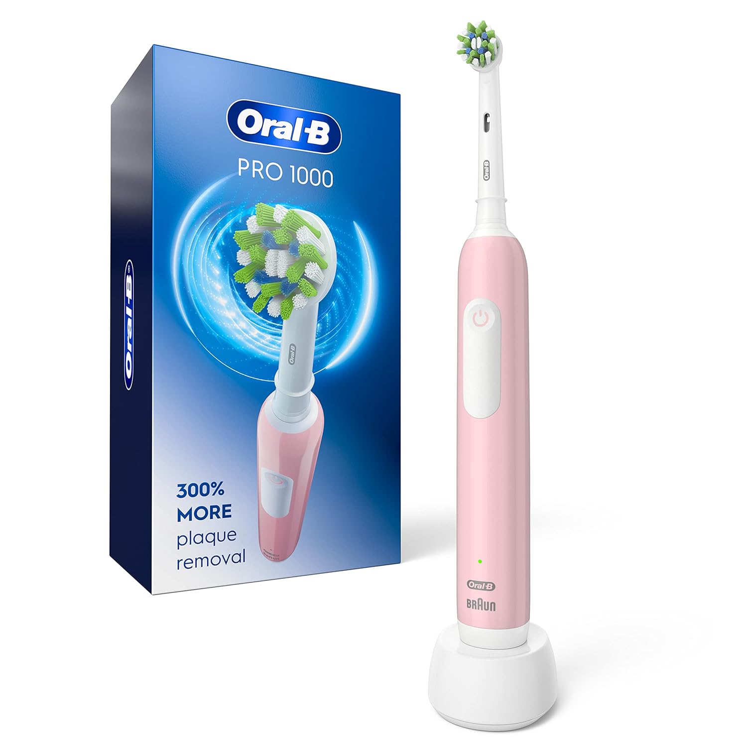 Pink Oral-B Pro 1000 rechargeable electric toothbrush with a sleek design, featuring a round brush head and ergonomic handle.