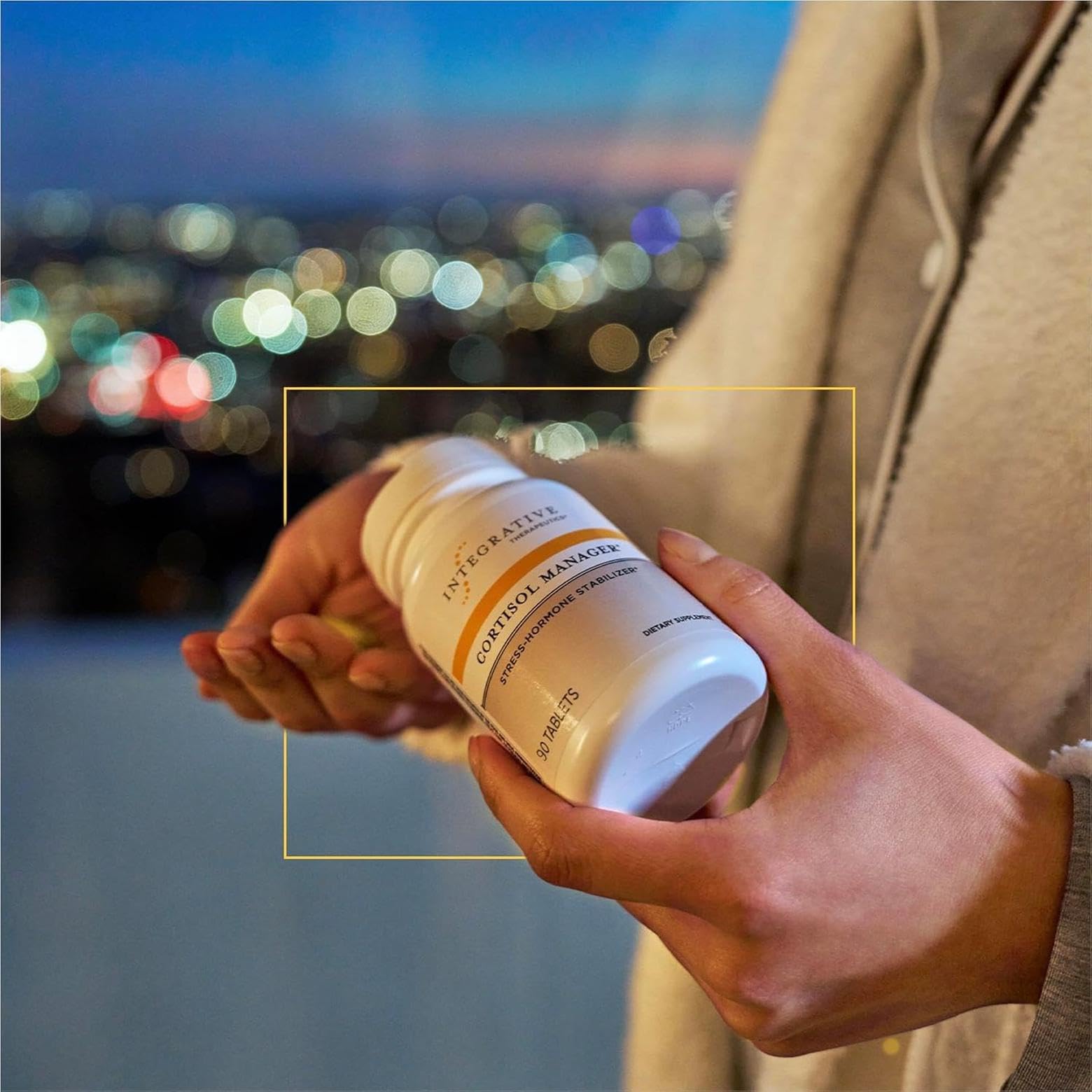 Old World Hub Integrative Therapeutics Cortisol Manager bottle with 30 tablets, featuring herbal ingredients like Ashwagandha and L-Theanine.