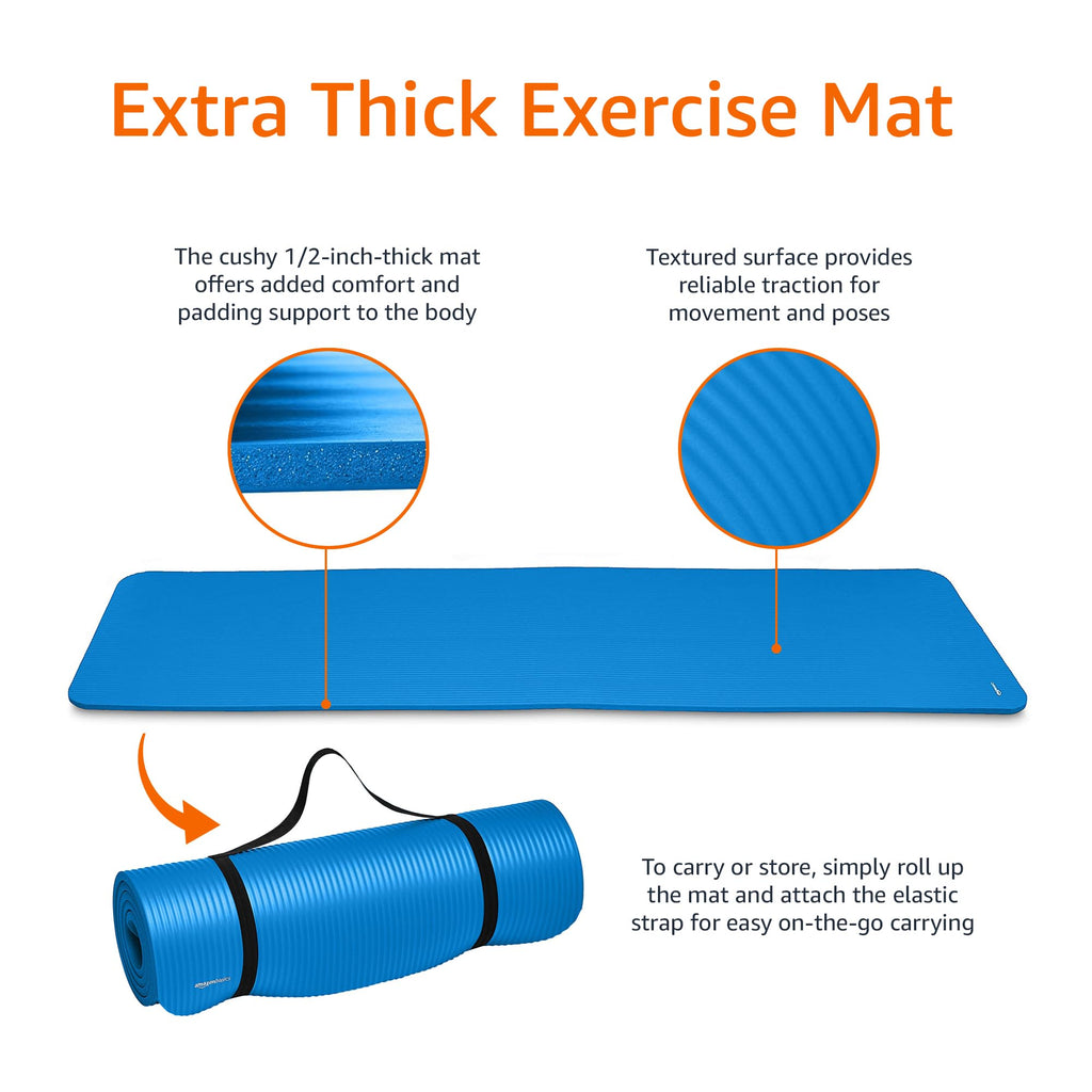 Old World Hub Amazon Basics extra thick yoga mat with carrying strap, showing a textured surface for comfortable exercise practice.