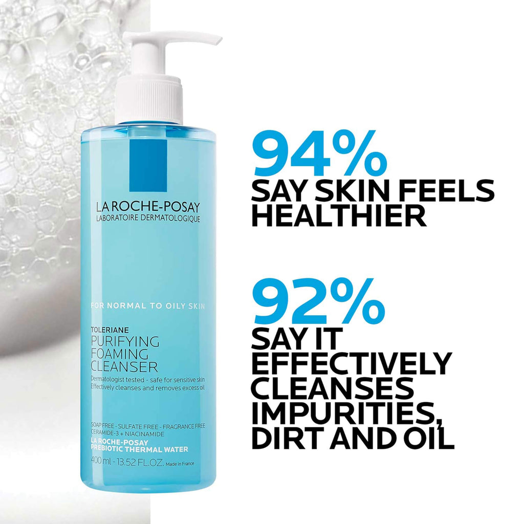 La Roche-Posay Toleriane Purifying Foaming Facial Cleanser in a pump bottle, gentle oil-free face wash with niacinamide and ceramides.