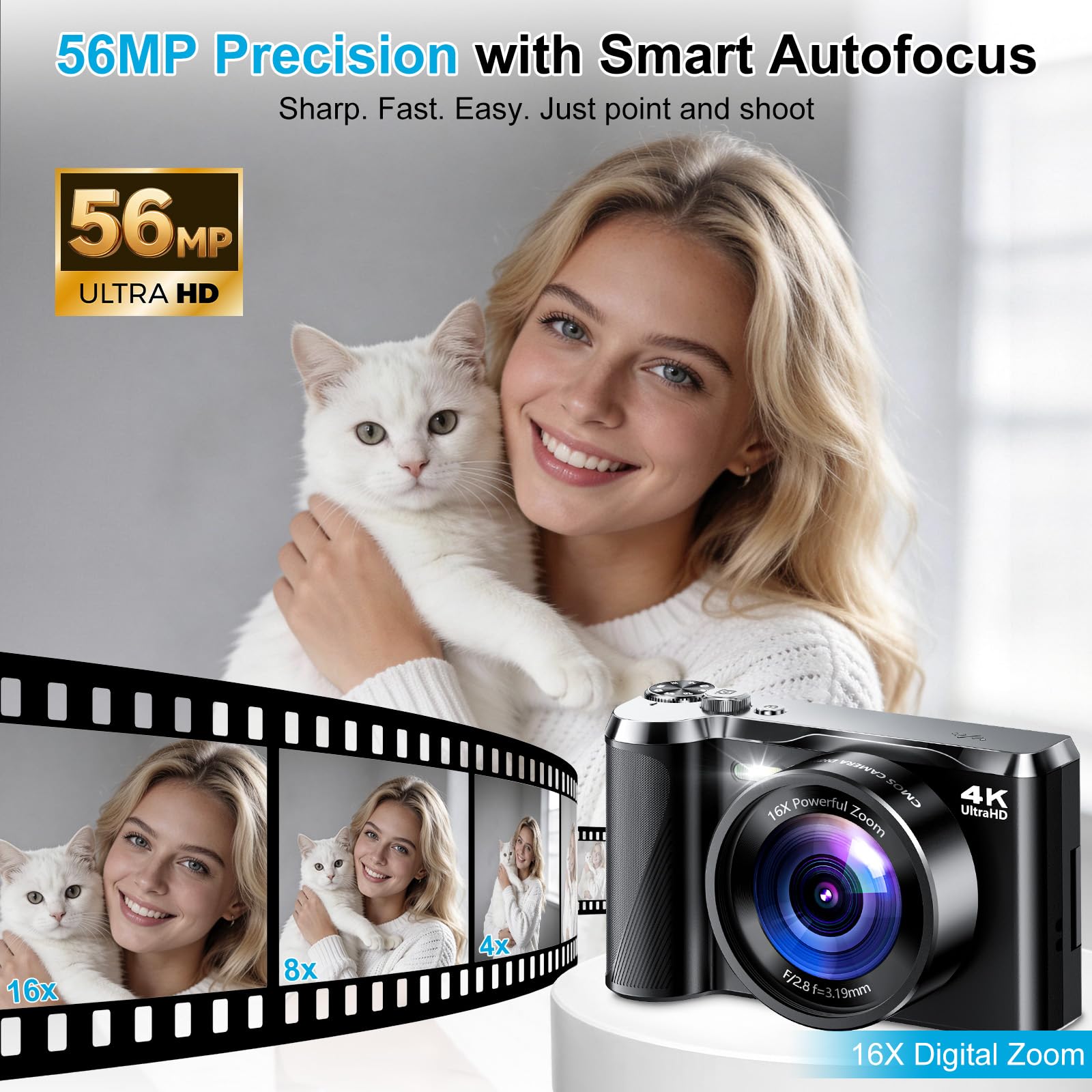 4K Digital Camera for Photography & Travel, 56MP Autofocus Vlogging Camera with 3" 180° Flip Screen, 16X Zoom, Compact Point and Shoot Camera for Beginners and Teens, 32GB Card Included
