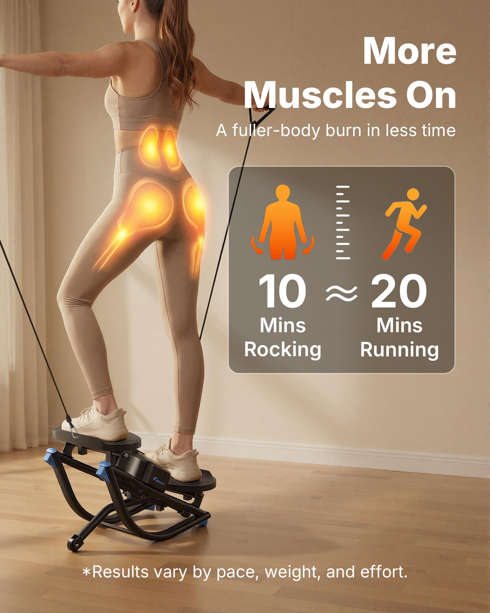 Old World Hub Merach rocking stepper with resistance bands and balance board for full-body, low-impact home exercise, supports 330 lbs.
