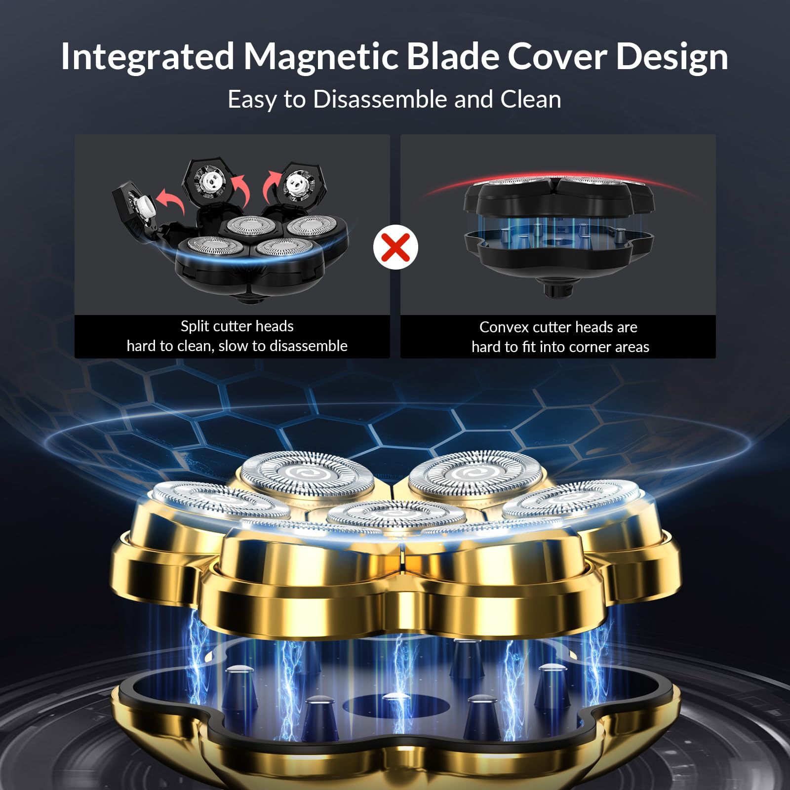 Old World Hub 7D Arc Electric Shaver for Head and Body, waterproof 5-in-1 grooming kit with LED display and detachable head in grey.