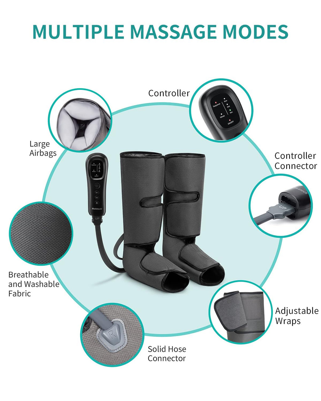 Old World Hub Nekteck leg compression massager for calves and feet, with hand-held controller and adjustable settings for circulation and relaxation.