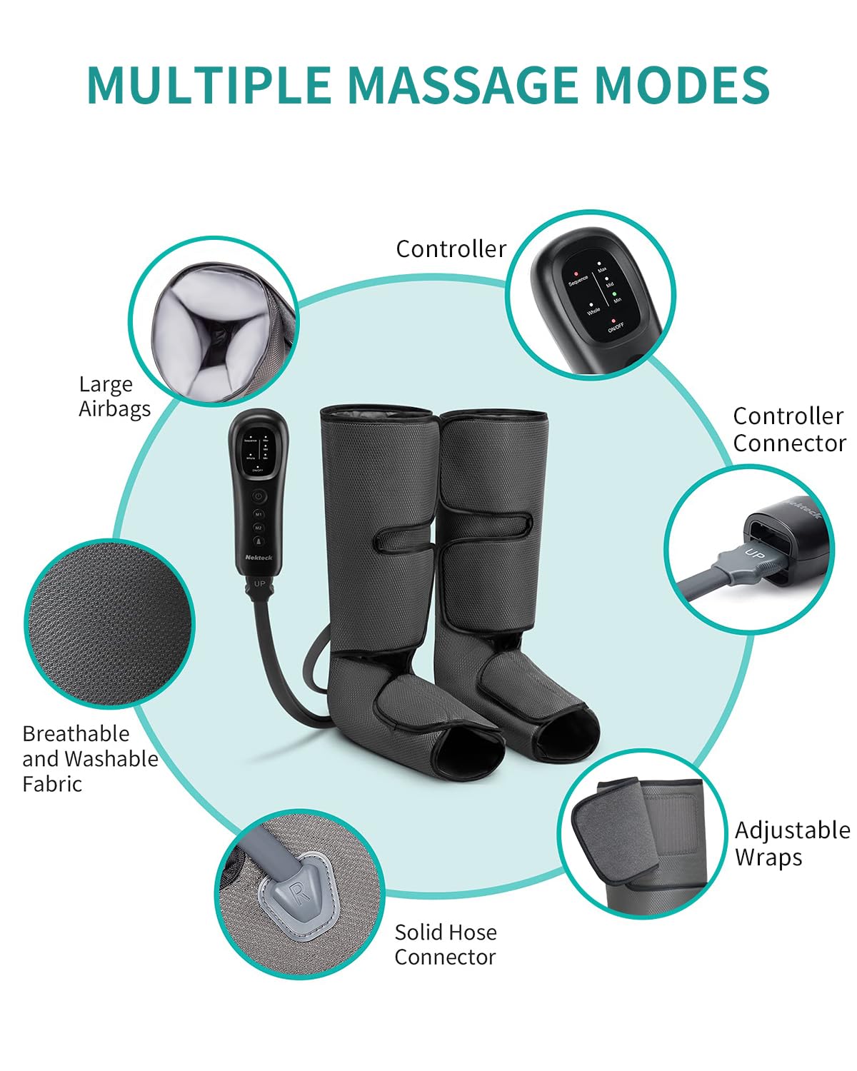 Old World Hub Nekteck leg compression massager for calves and feet, with hand-held controller and adjustable settings for circulation and relaxation.