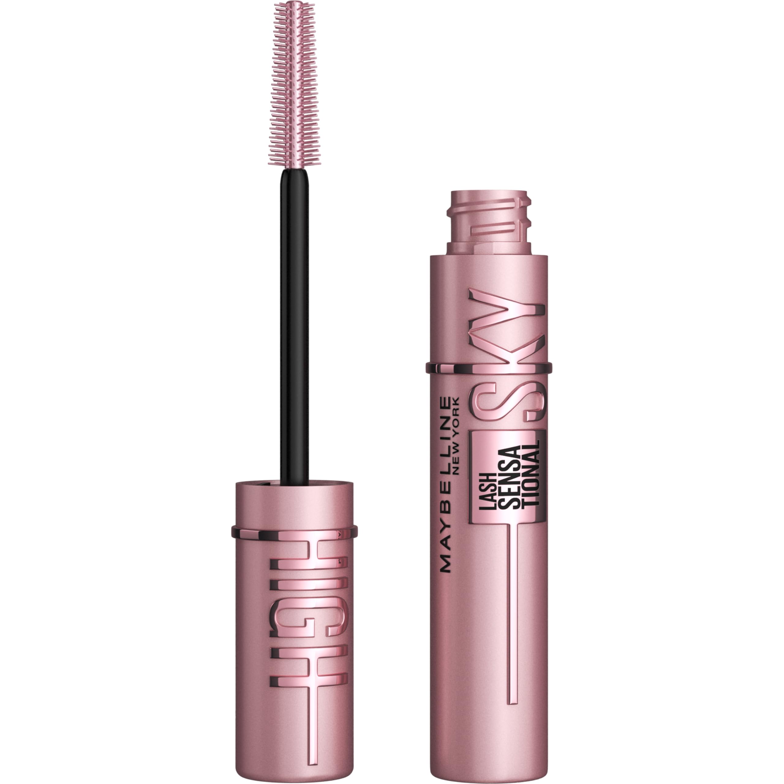 Maybelline Lash Sensational Sky High washable mascara with volumizing, lengthening, and defining black mascara on a brush applicator.