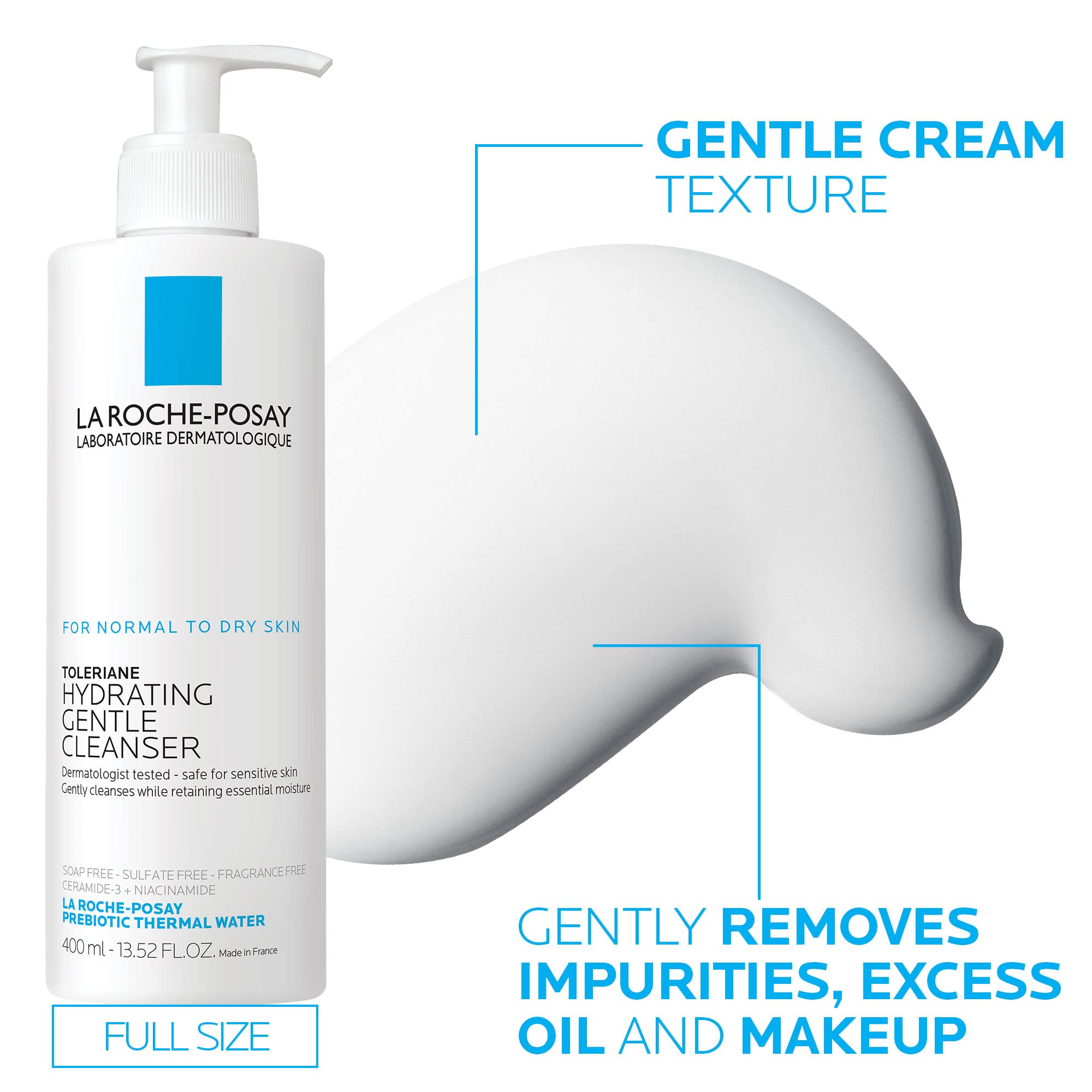 La Roche-Posay Toleriane Hydrating Gentle Face Cleanser bottle with label, suitable for dry and sensitive skin, fragrance-free.