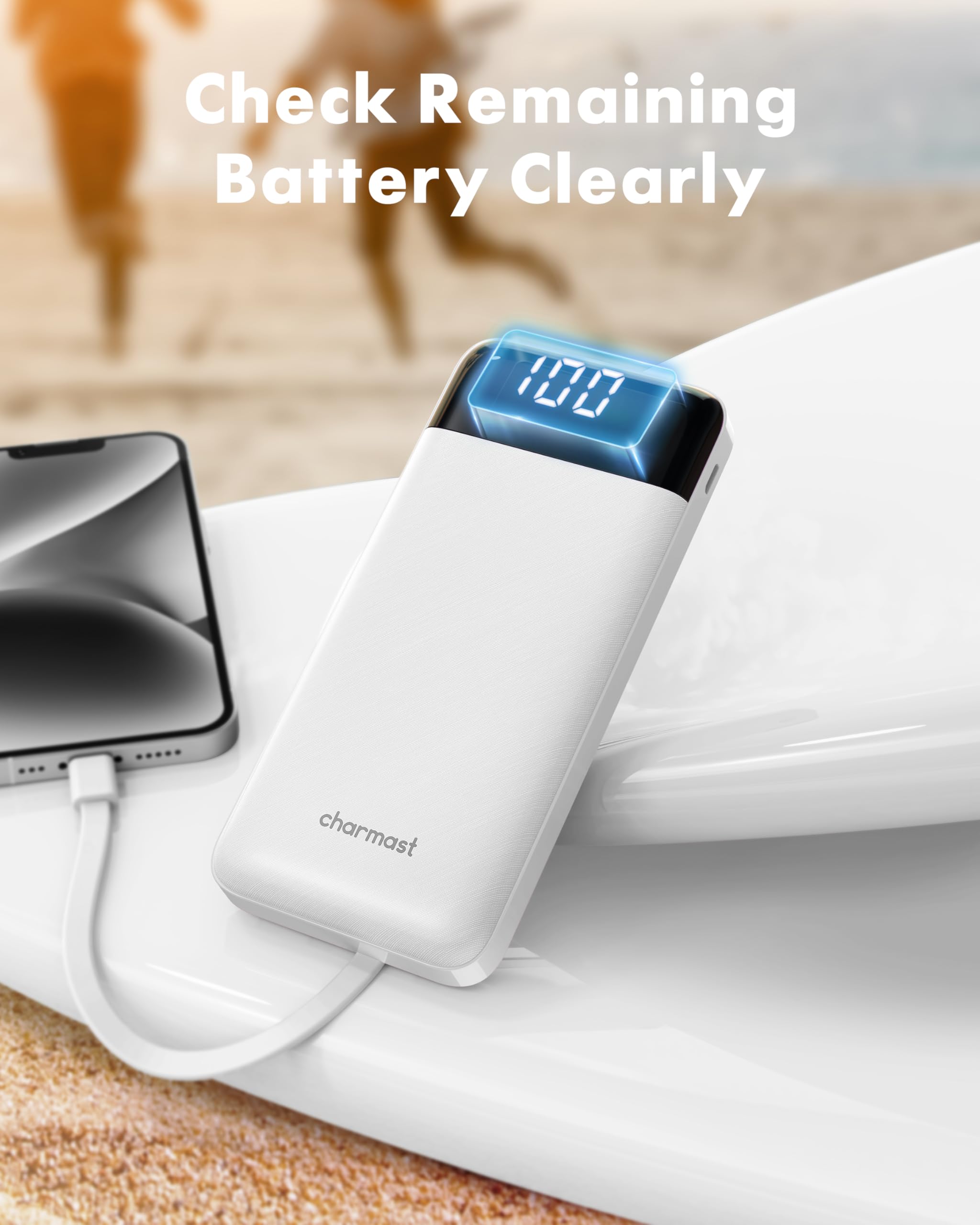 Old World Hub Charmast 10000mAh portable power bank with built-in cables, slim design, multiple outputs, fast charging for smartphones and tablets.