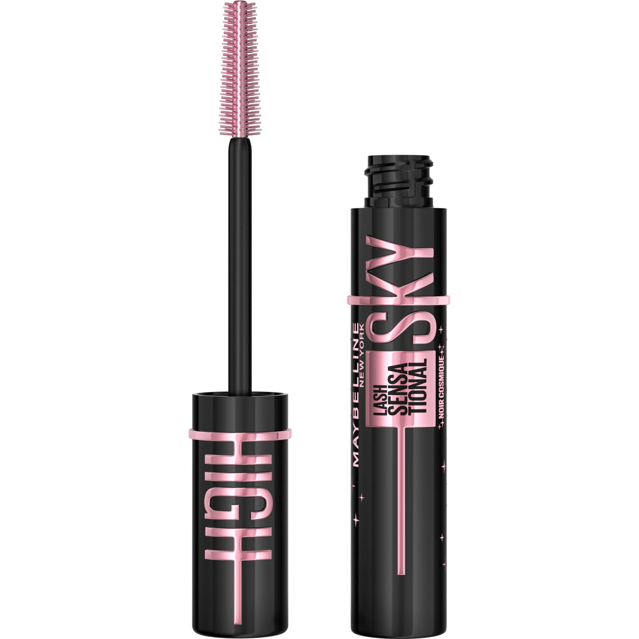 Maybelline Lash Sensational Sky High washable mascara showing a close-up of the black mascara wand and bristles.