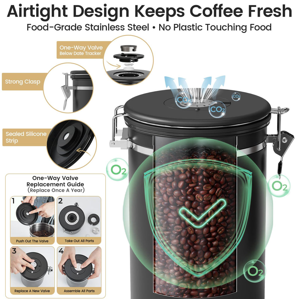 Old World Hub Veken 22oz black stainless steel coffee canister with window, airtight food storage for ground coffee, beans, tea, and more.