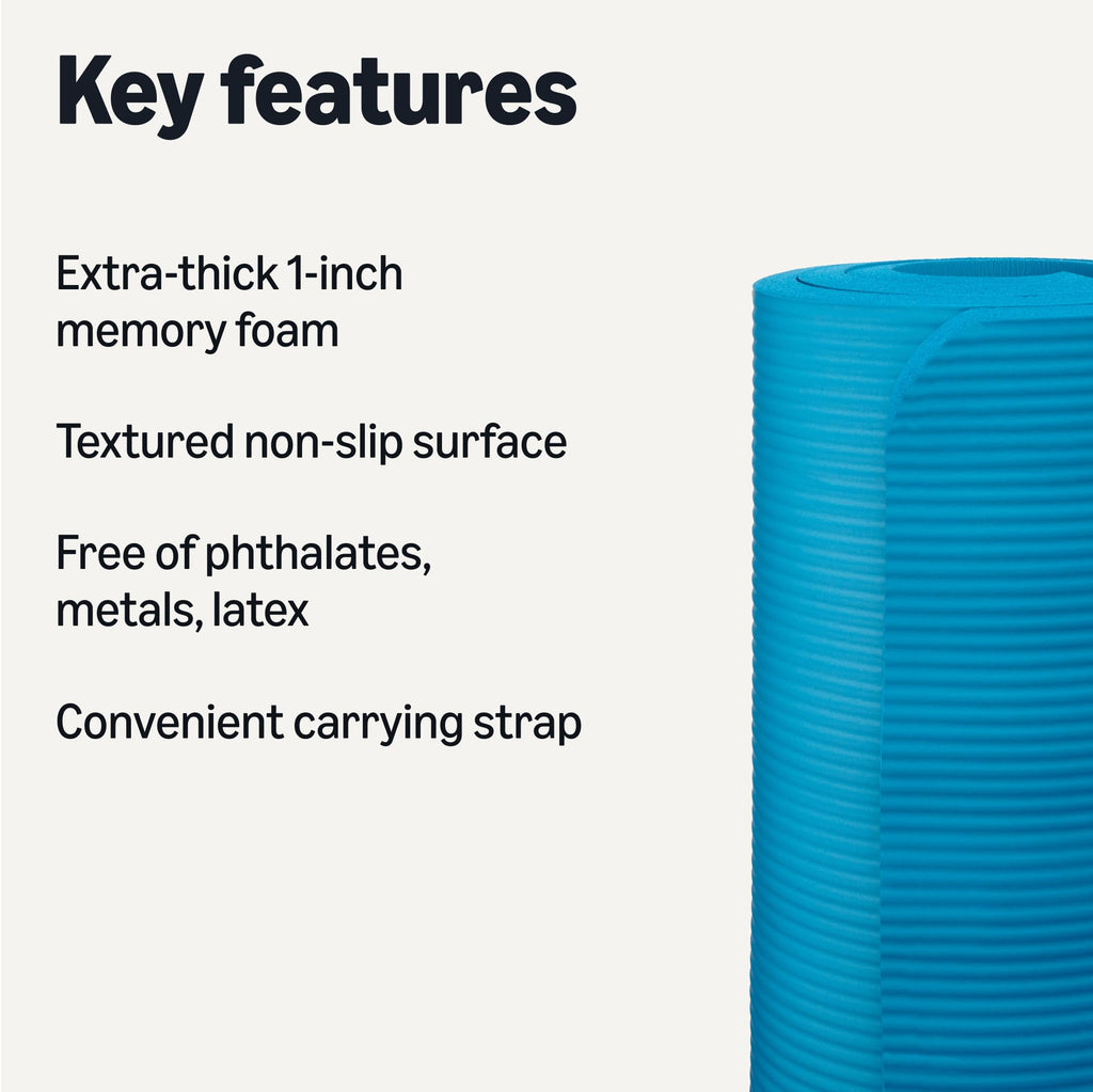 Old World Hub Amazon Basics extra thick exercise yoga mat with carrying strap laid out on a wooden floor