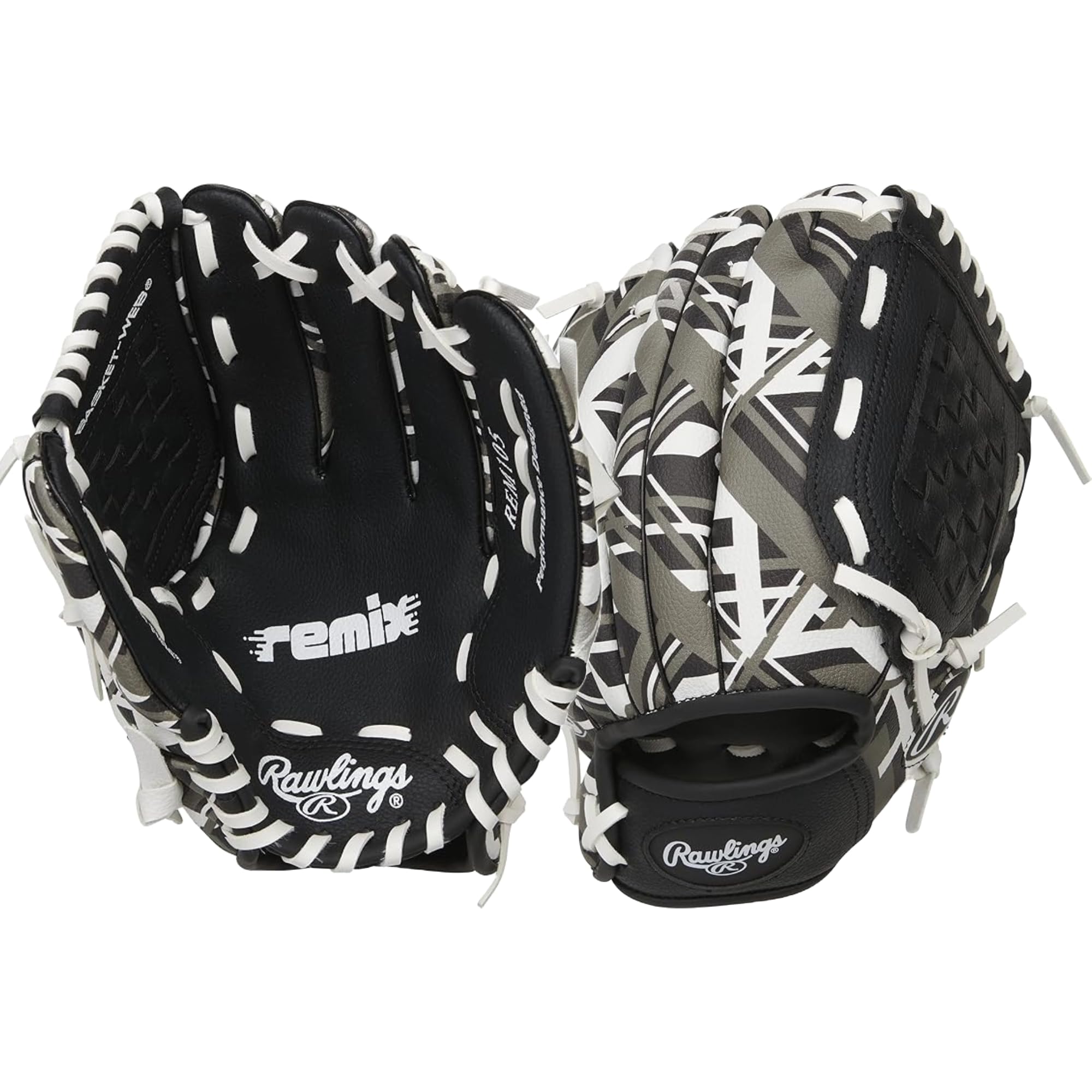 Rawlings Remix T-Ball and youth baseball/softball glove in size 9 to 10.5 inches, featuring durable leather and a flexible fit.