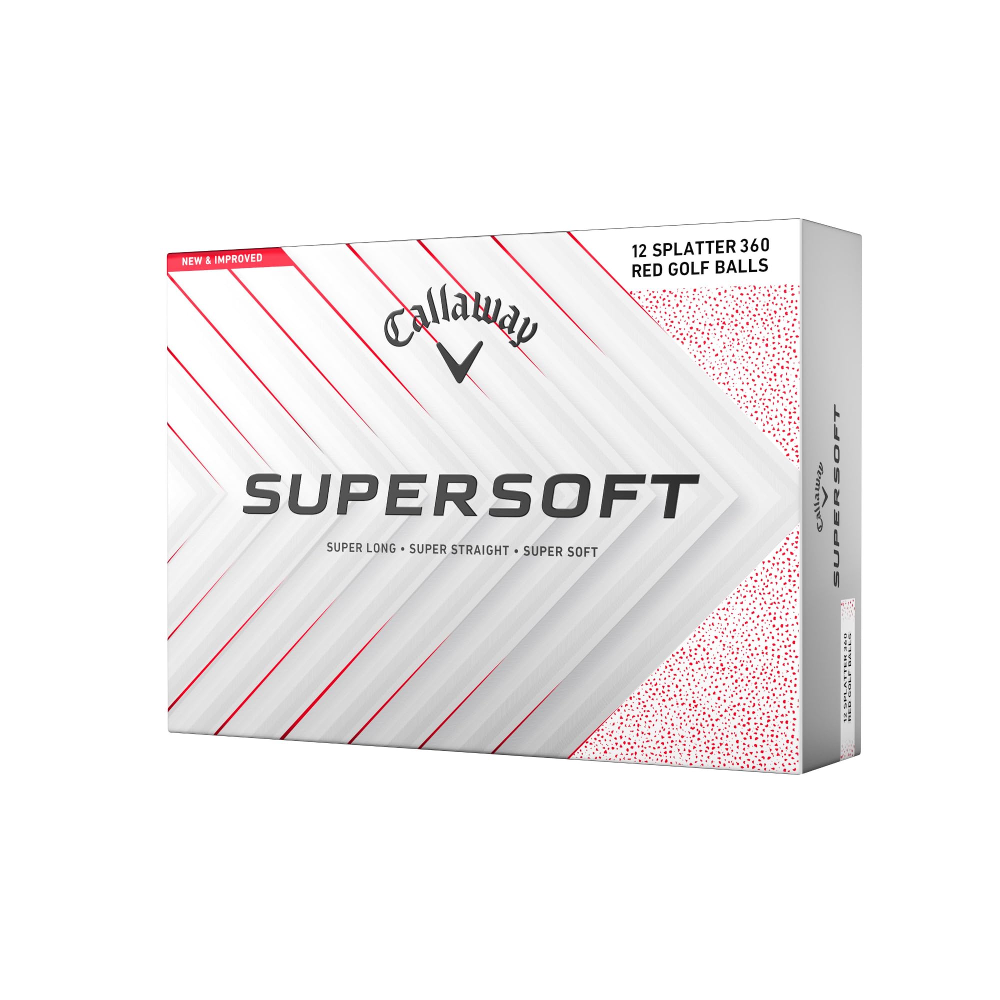 Close-up of Callaway Supersoft Golf Balls (2025) showing the bright white design and branding on the smooth surface of the golf ball.