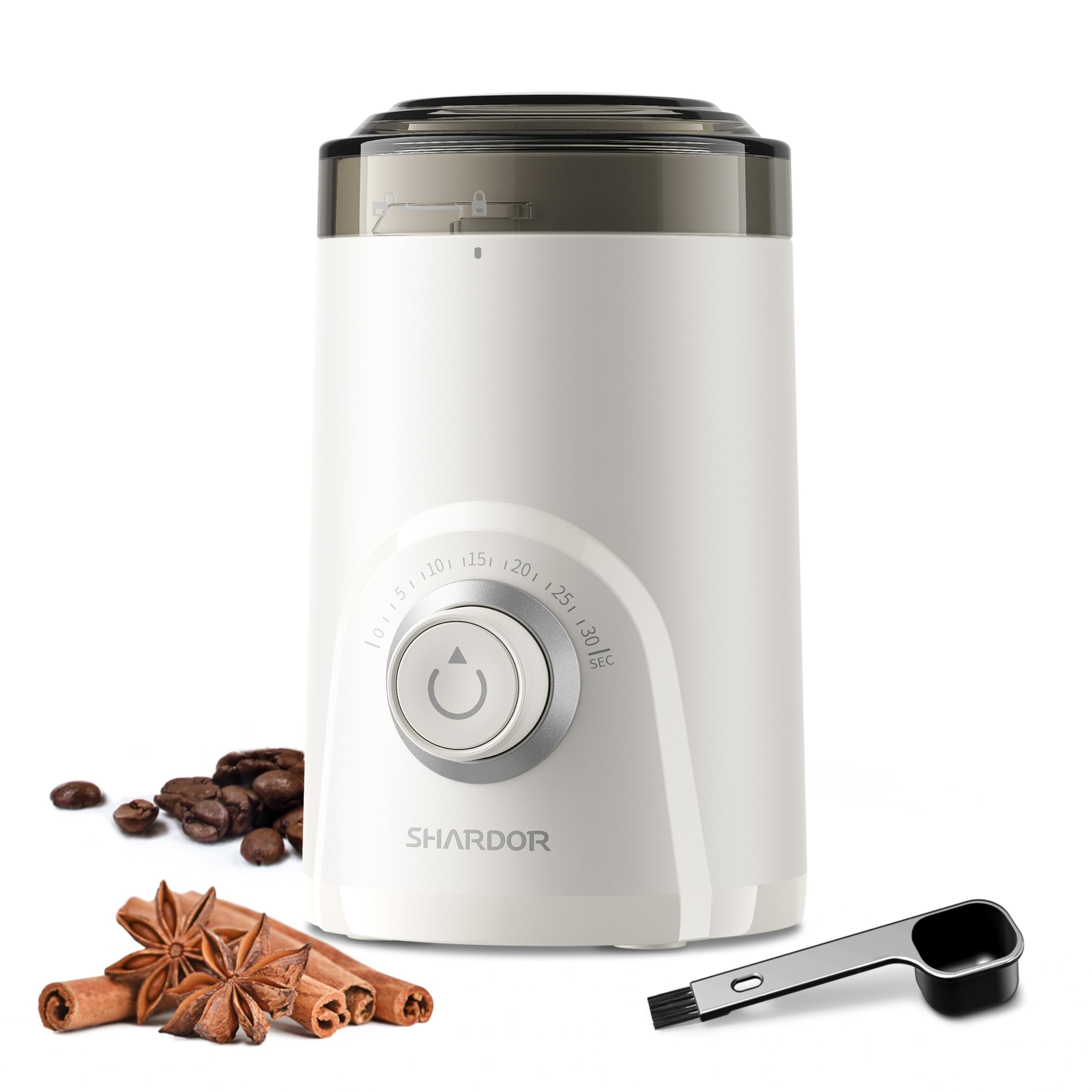 Old World Hub SHARDOR electric coffee grinder with silent blades, timed control, adjustable grind for coffee beans, spices, and herbs in black.
