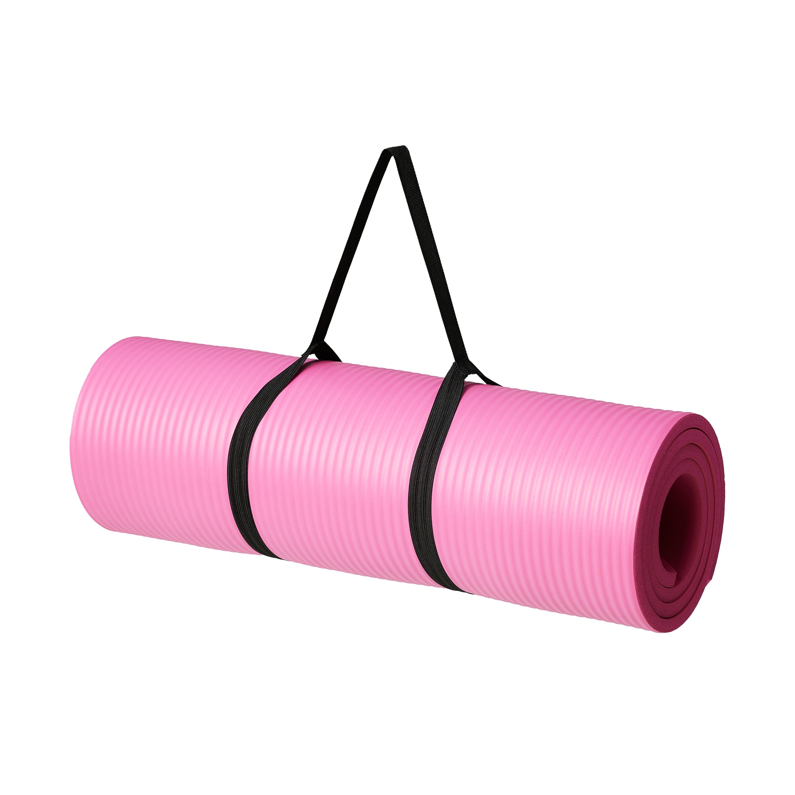 Old World Hub Amazon Basics extra thick exercise yoga mat with carrying strap, showing textured surface and rolled-up for transport.