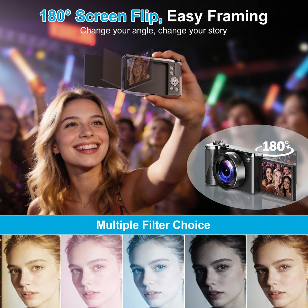 4K Digital Camera for Photography & Travel, 56MP Autofocus Vlogging Camera with 3" 180° Flip Screen, 16X Zoom, Compact Point and Shoot Camera for Beginners and Teens, 32GB Card Included