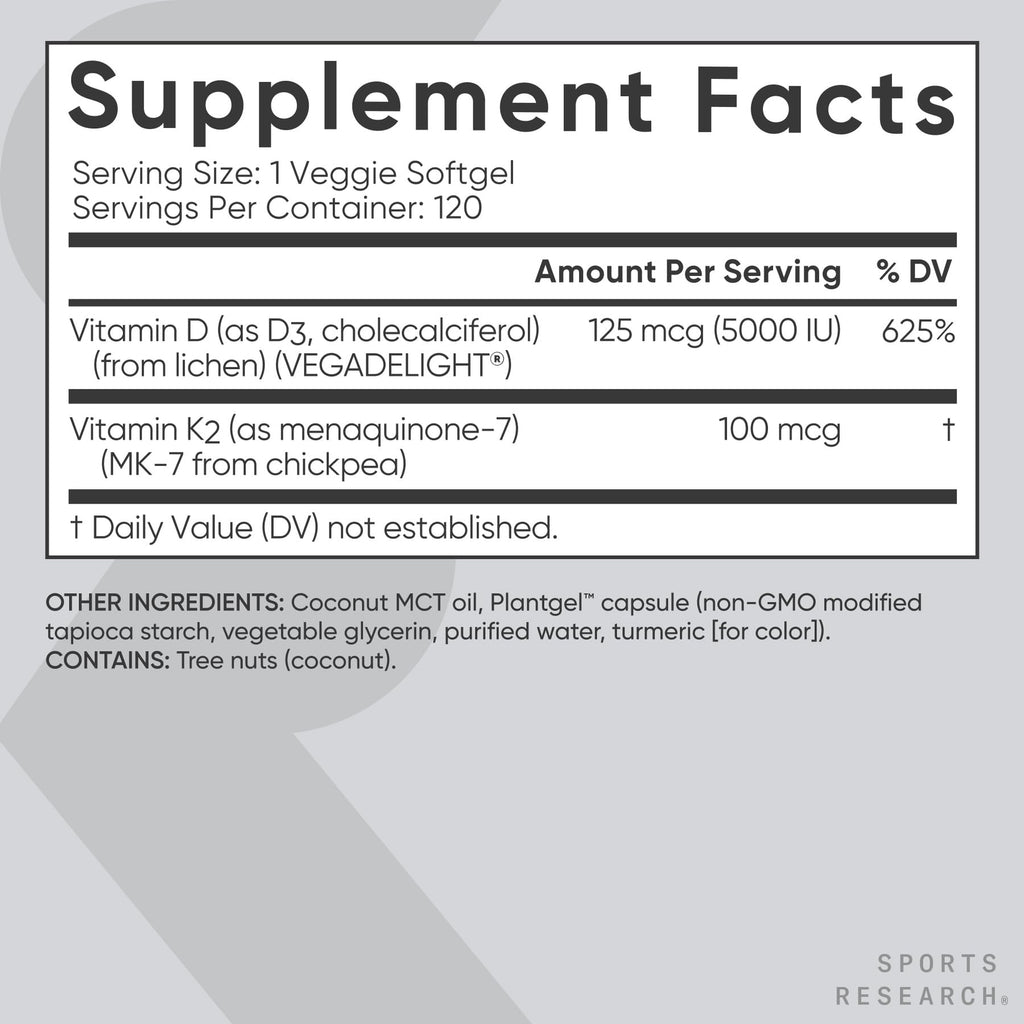 Sports Research Vitamin D3 + K2 softgels in a bottle, featuring vegan-certified softgel capsules with coconut oil for bone and immune support