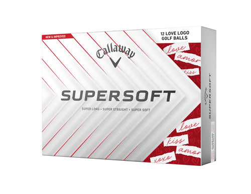 Callaway Supersoft golf balls from Old World Hub, showing a close-up of the 2025 model with bright yellow packaging.