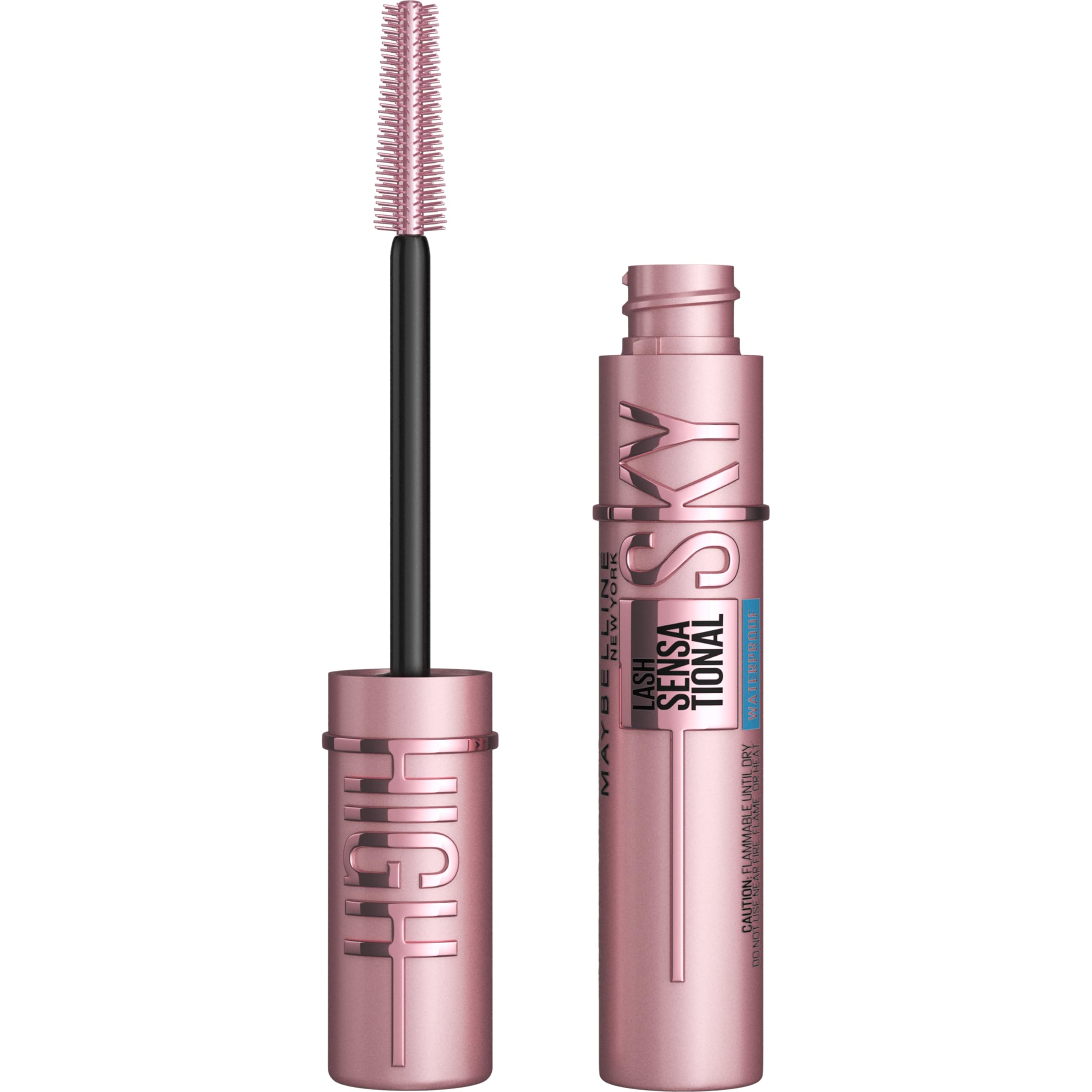 Maybelline Lash Sensational Sky High washable mascara with volumizing, lengthening, and curling brush, in blackest black.