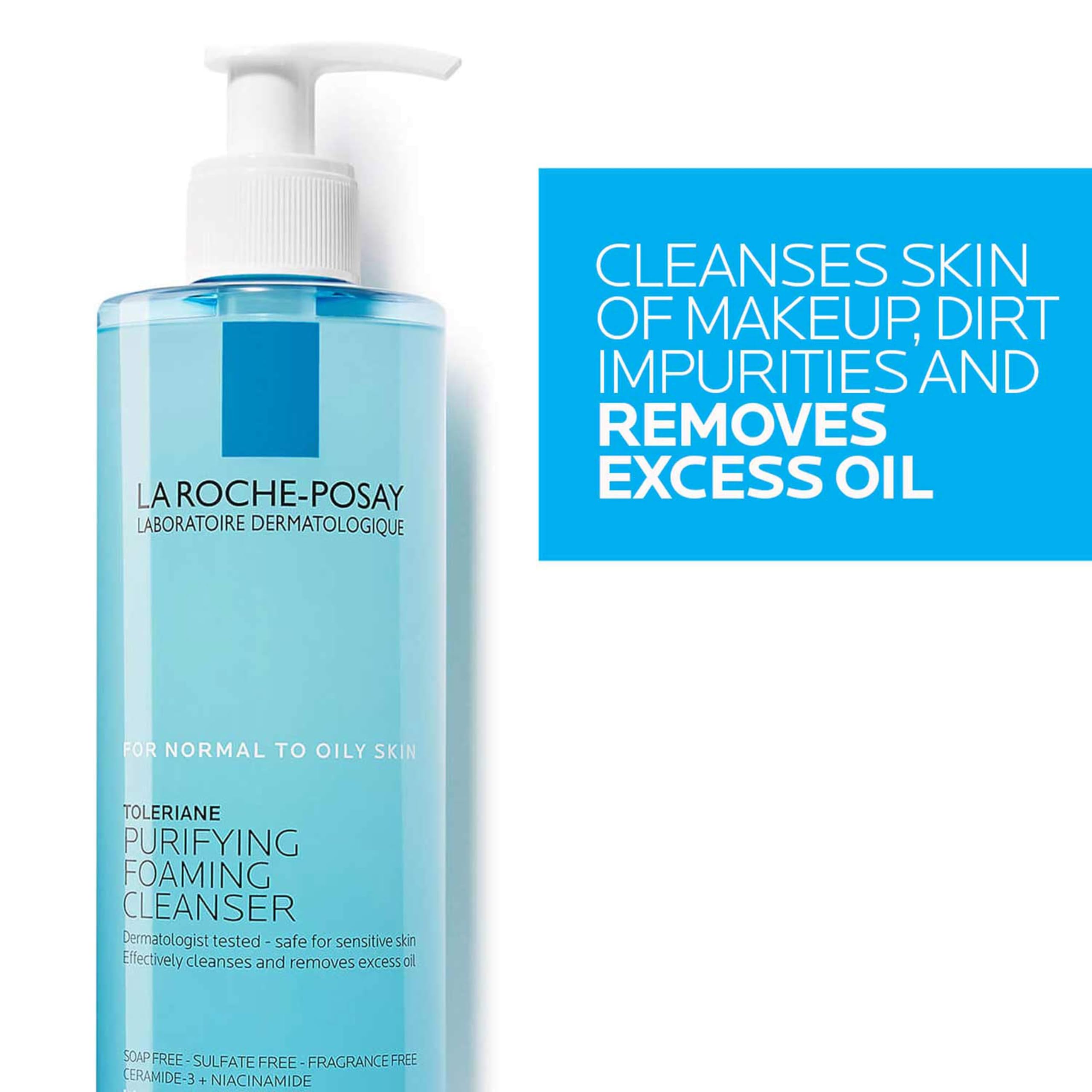 La Roche-Posay Toleriane Purifying Foaming Facial Cleanser for sensitive skin, oil-free face wash with niacinamide and ceramides.