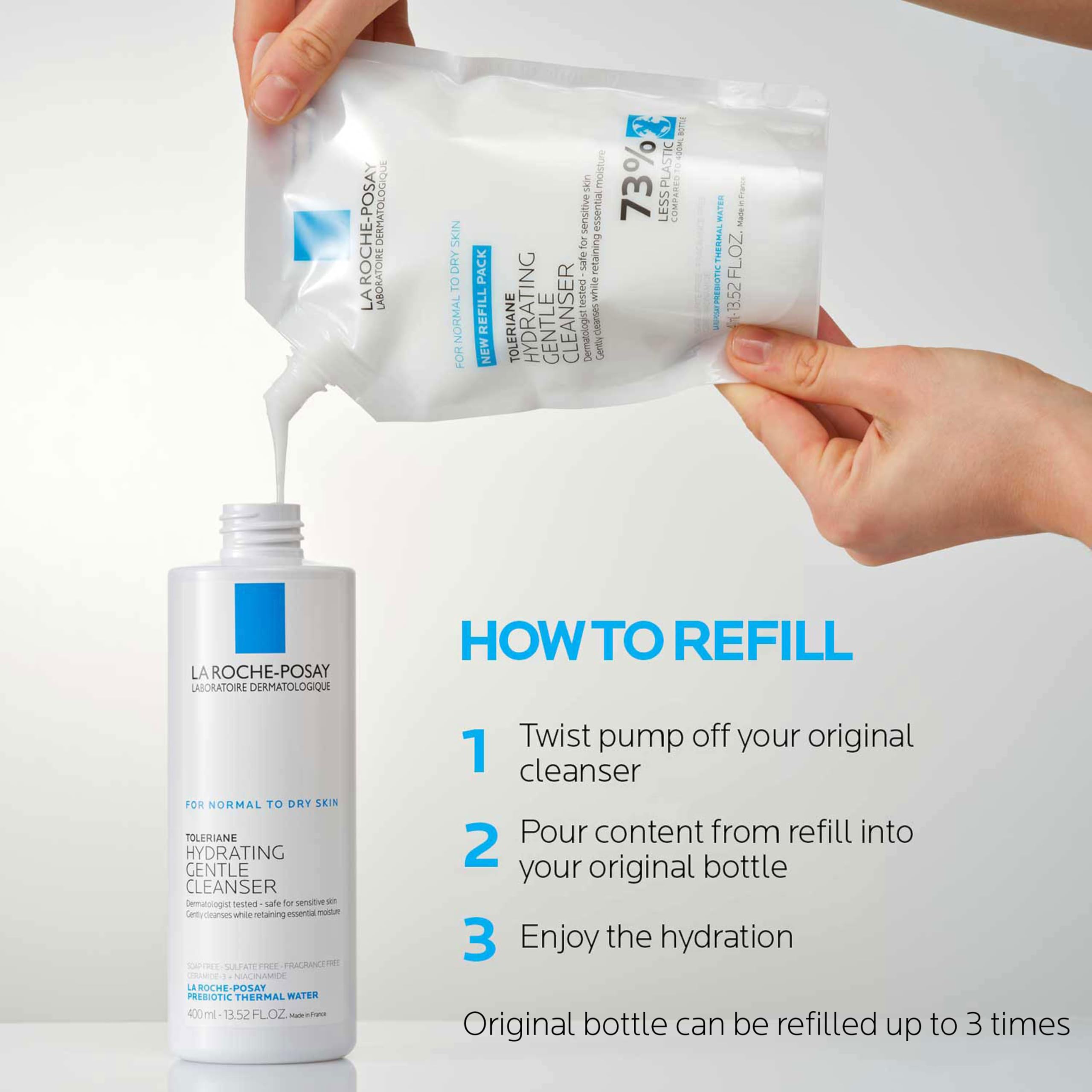 La Roche-Posay Toleriane Hydrating Gentle Face Cleanser with niacinamide and ceramides for dry, sensitive skin, fragrance-free.