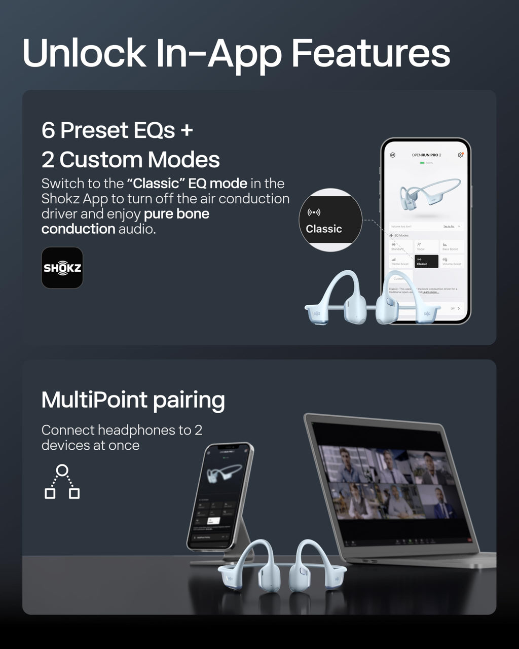 SHOKZ OpenRun Pro 2 bone conduction wireless headphones with open-ear design, deep bass, reflective strip, and secure fit for sports.