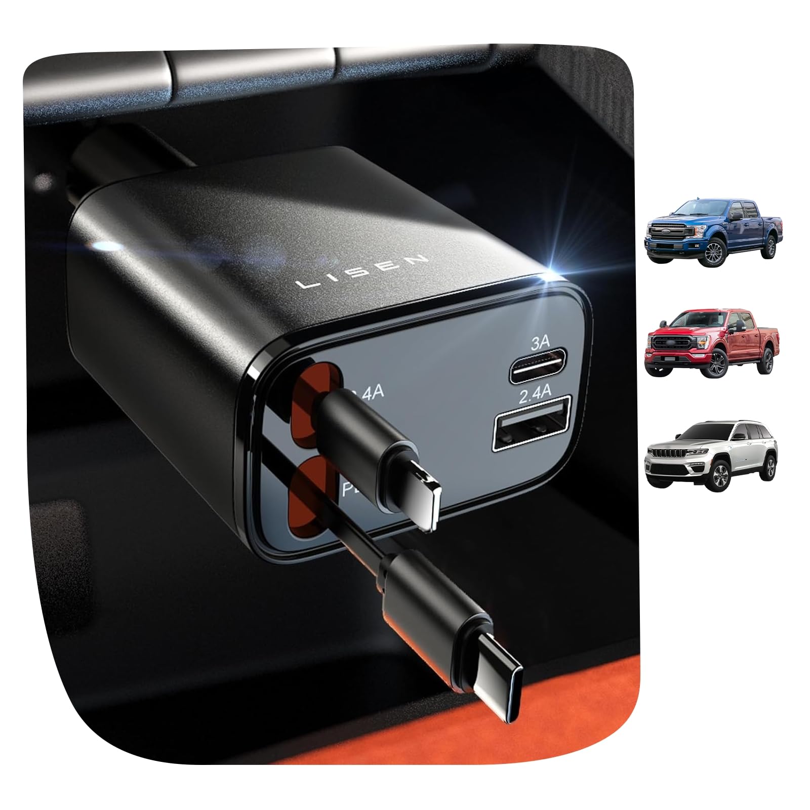 Old World Hub LISEN retractable car charger with USB-C port, compact travel car adapter for iPhone and Samsung devices.