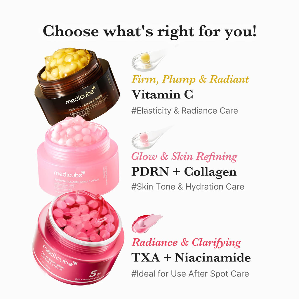 Old World Hub Medicube Capsule Cream with Deep Vitamin C in golden capsules, hydrating gel texture for radiant, firm-looking skin.