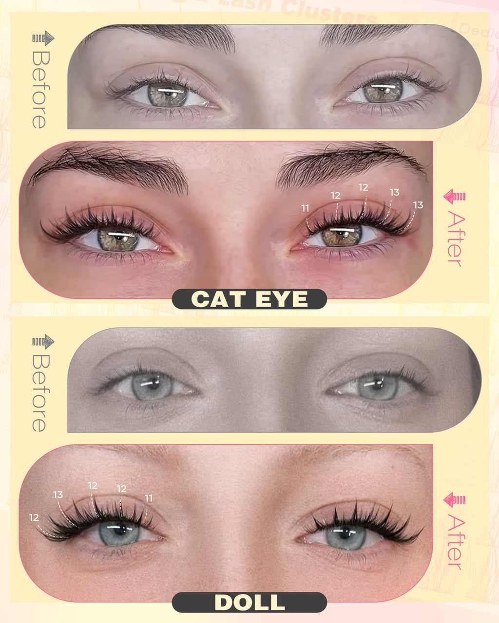 Old World Hub Lash Clusters Kit with 300 C curl natural eyelash extensions in 10-16mm, DIY cluster lashes for easy application