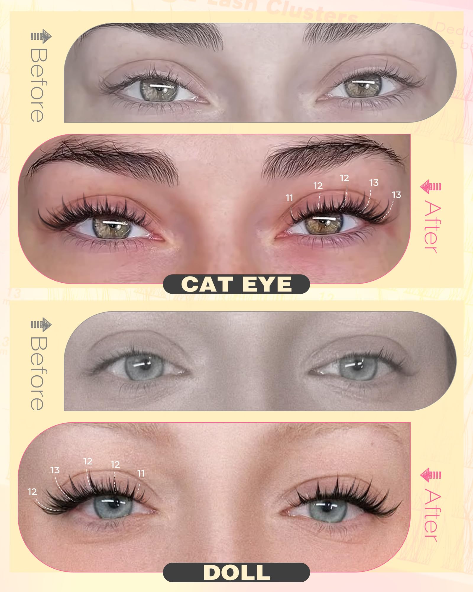 Old World Hub Lash Clusters Kit with 300 C curl natural eyelash extensions in 10-16mm, DIY cluster lashes for easy application