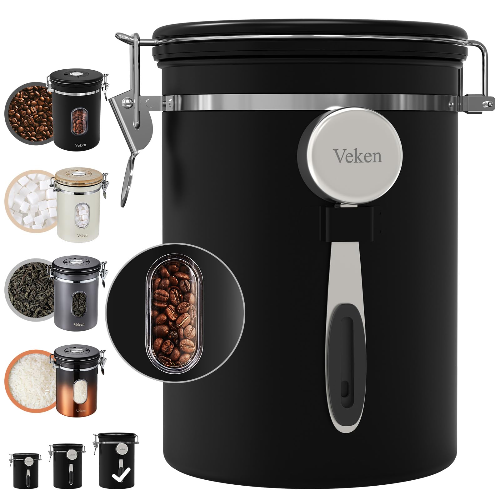 Old World Hub Veken black stainless steel coffee canister with window, airtight lid, for ground coffee, beans, tea, and pantry storage
