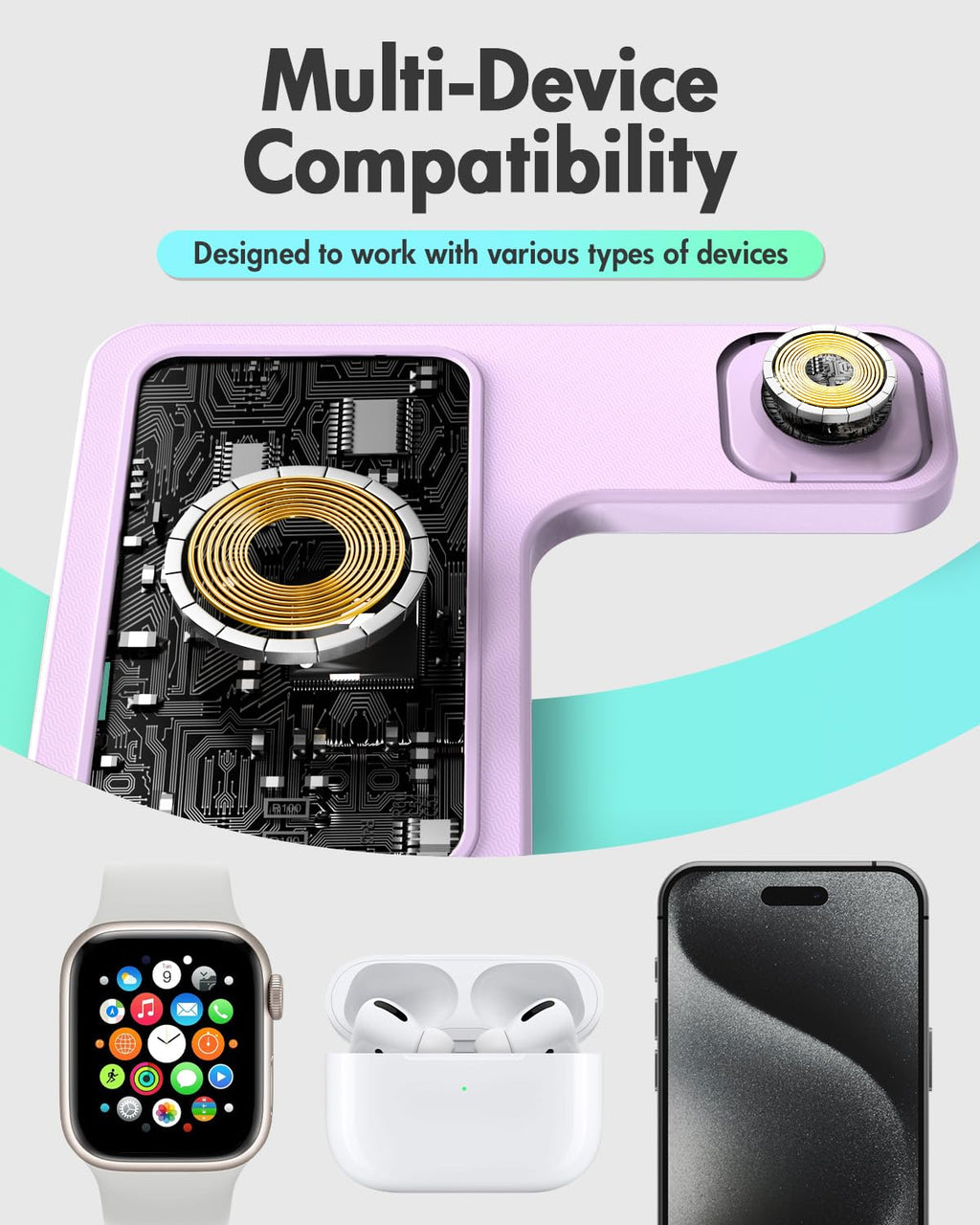 Old World Hub 3-in-1 wireless charger stand for iPhone, Apple Watch, and AirPods, with devices displayed on the charging station.