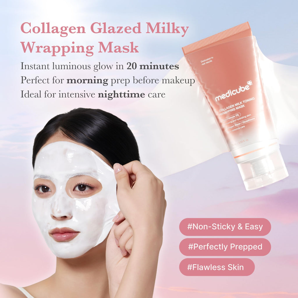 Old World Hub Medicube Collagen Wrapping Mask in a jar, showing the hydrolyzed collagen formula for glowing, firm skin.