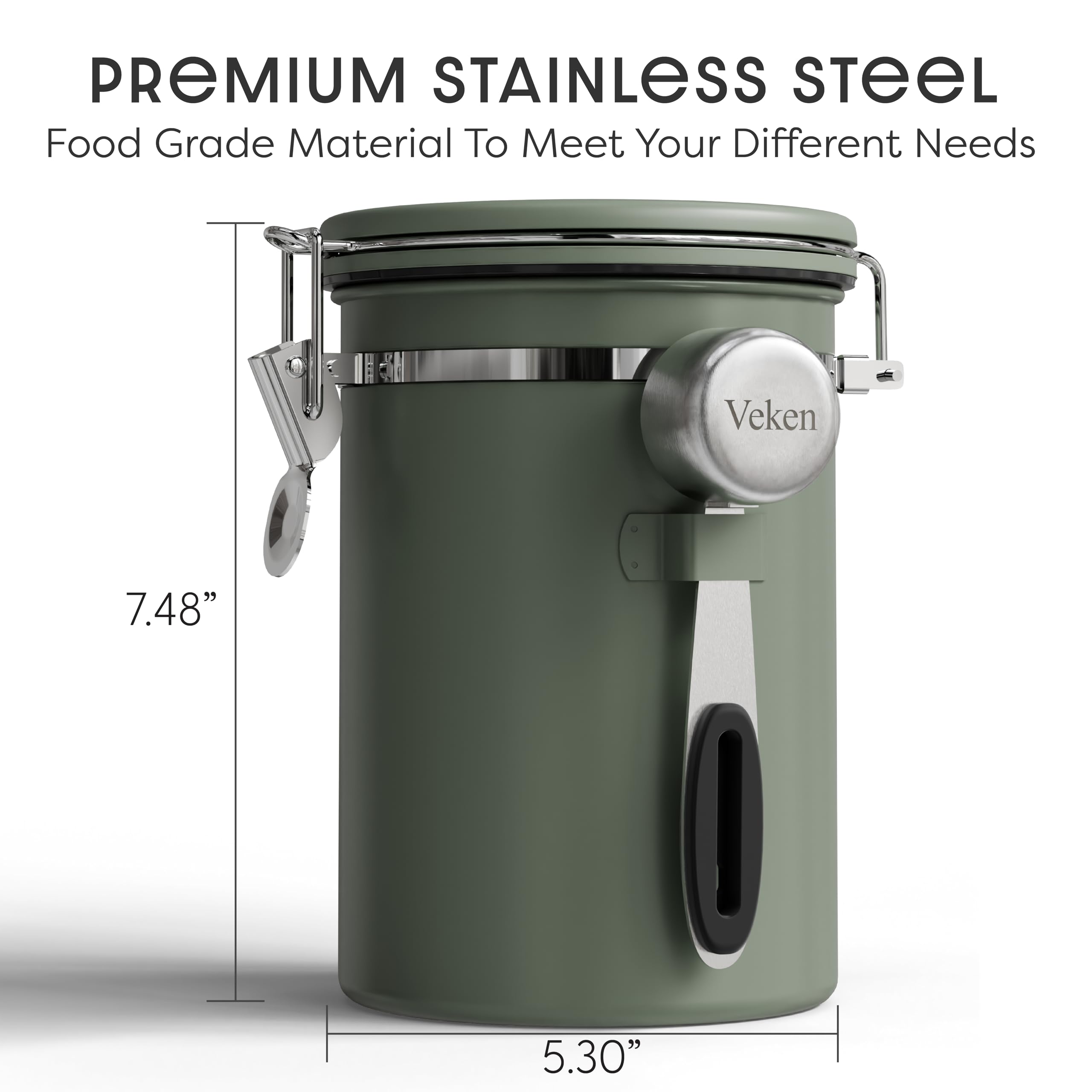 Old World Hub Veken black coffee canister with window, airtight stainless steel storage container for coffee, tea, sugar, and cereal.