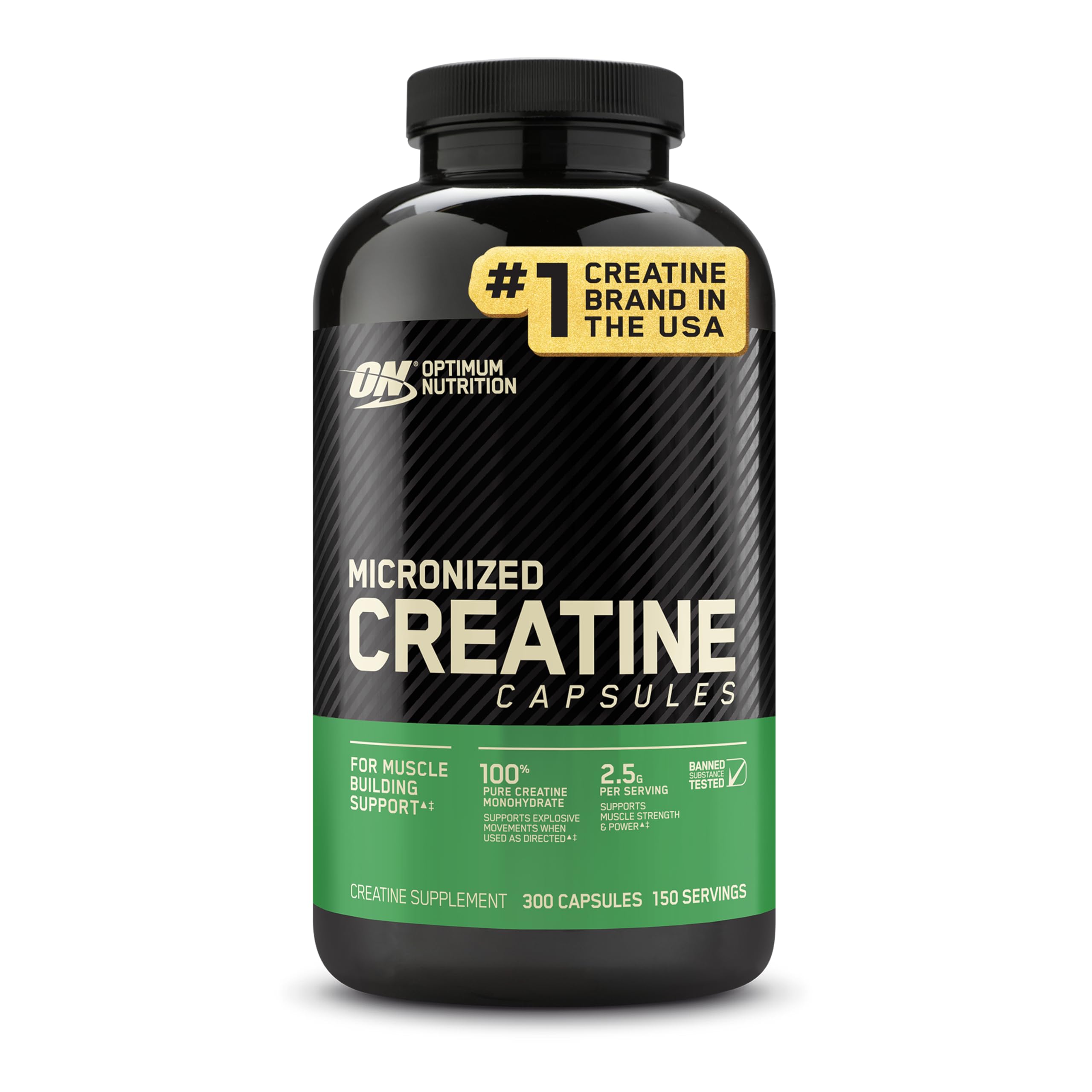 Optimum Nutrition micronized creatine monohydrate powder in unflavored form, 300g package with 60 servings, shown in the image.