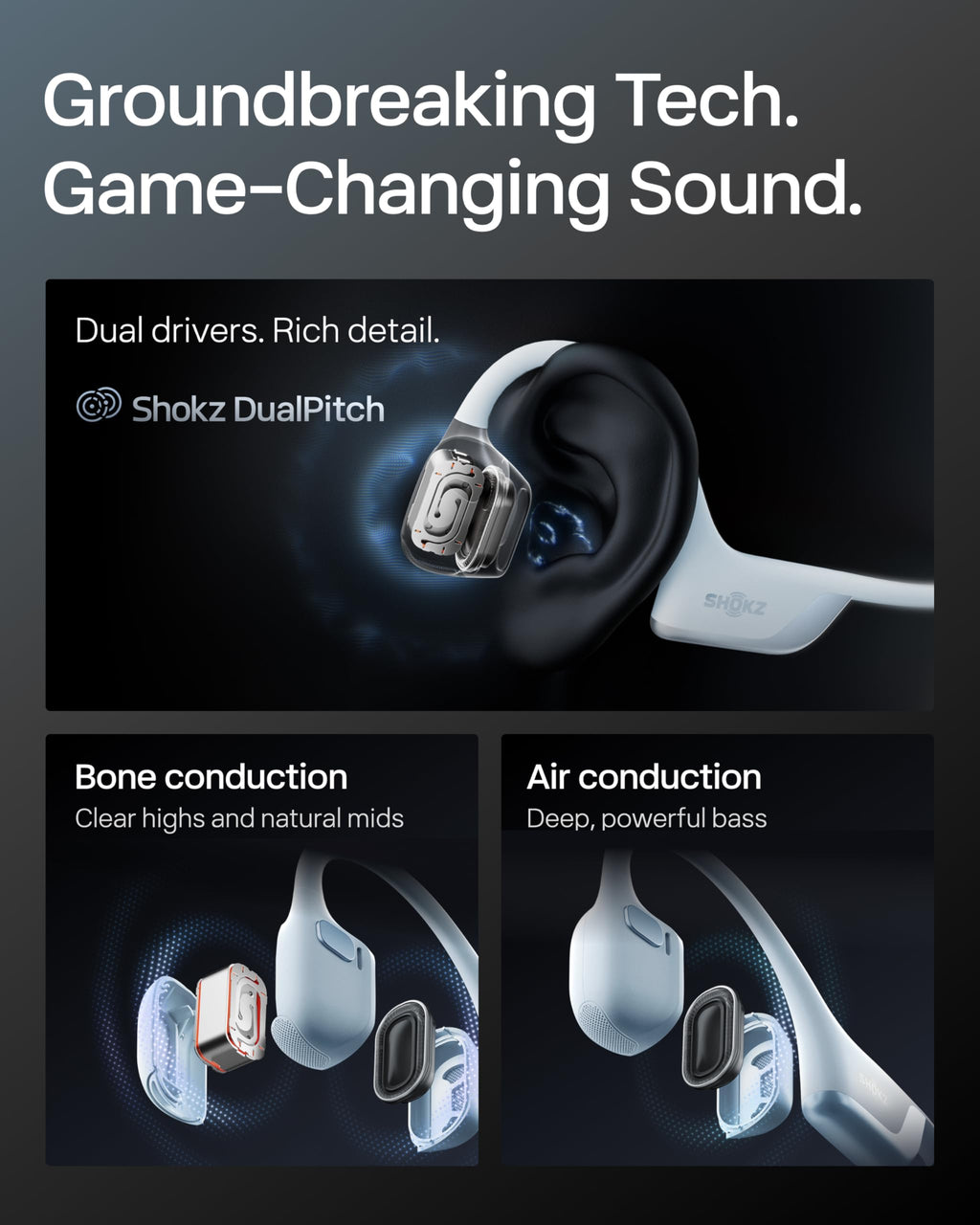 SHOKZ OpenRun Pro 2 bone conduction wireless sport headphones with open-ear design, deep bass, reflective strip, and secure fit for running