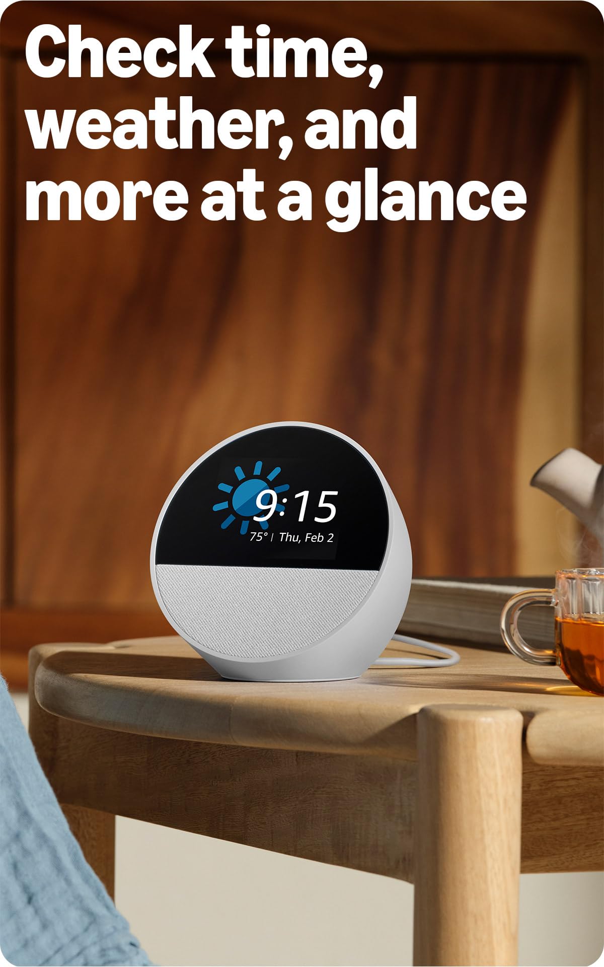 Amazon Echo Spot smart alarm clock in black, featuring a circular display perfect for nightstands, offices, and kitchens.