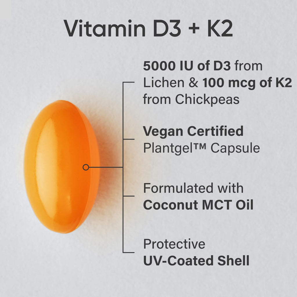 Sports Research Vitamin D3 + K2 softgels with coconut oil, vegan, non-GMO, soy-free supplement for bone and immune support.
