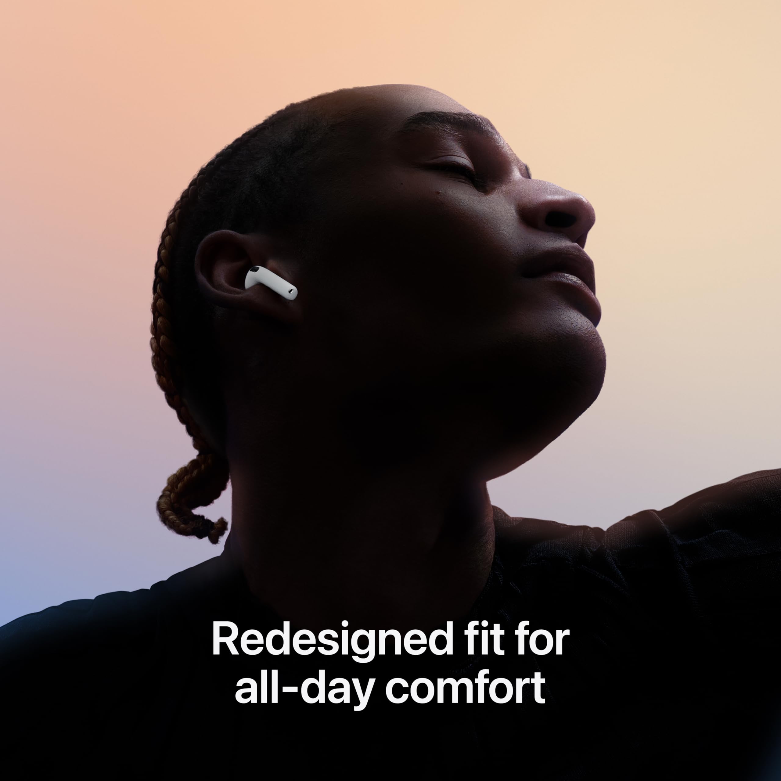 Apple AirPods 4 wireless earbuds with Bluetooth, USB-C case, personalized spatial audio, sweat resistant, and up to 30-hour battery.