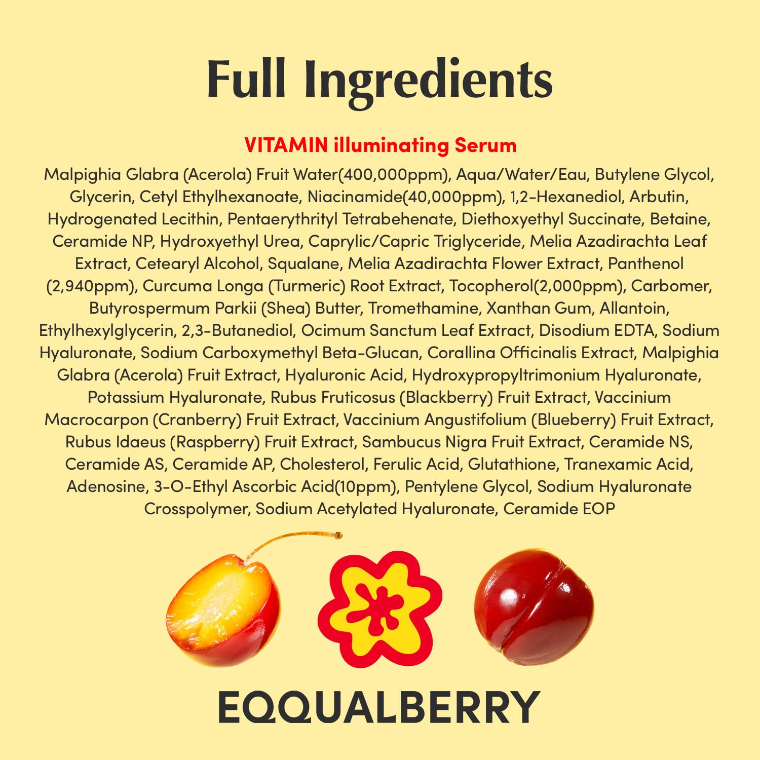 Old World Hub EQQUALBERRY Vitamin Illuminating Serum with Niacinamide, Vitamin C, Hyaluronic Acid, and Vitamin E for brightening.