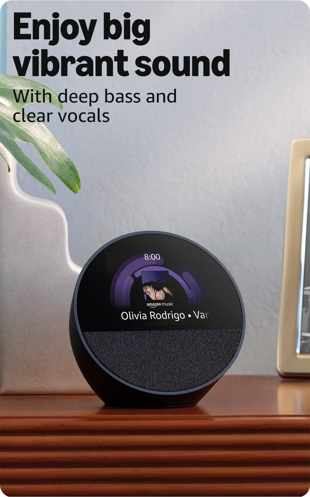 Amazon Echo Spot smart alarm clock in black, new model by Old World Hub, ideal for nightstands, offices, and kitchens with Alexa+