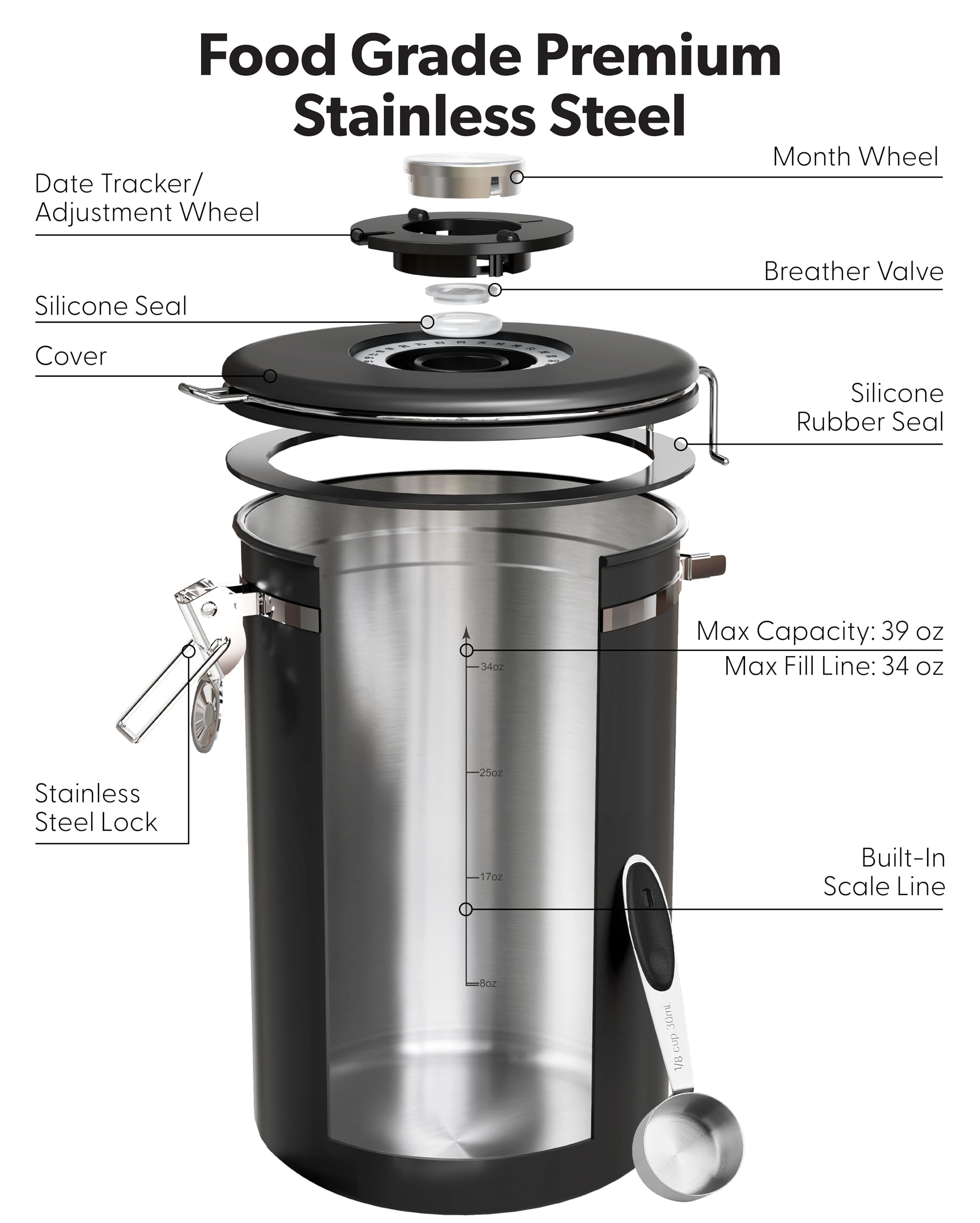 Black Veken coffee canister with window, airtight stainless steel container for coffee, beans, sugar, tea, or cereal storage.