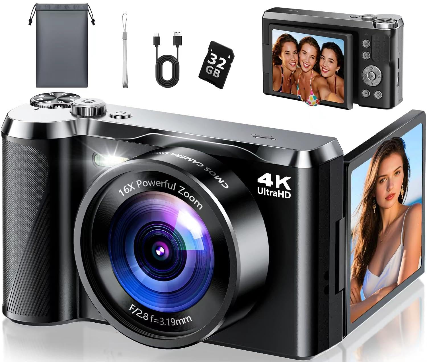 4K Digital Camera for Photography & Travel, 56MP Autofocus Vlogging Camera with 3" 180° Flip Screen, 16X Zoom, Compact Point and Shoot Camera for Beginners and Teens, 32GB Card Included