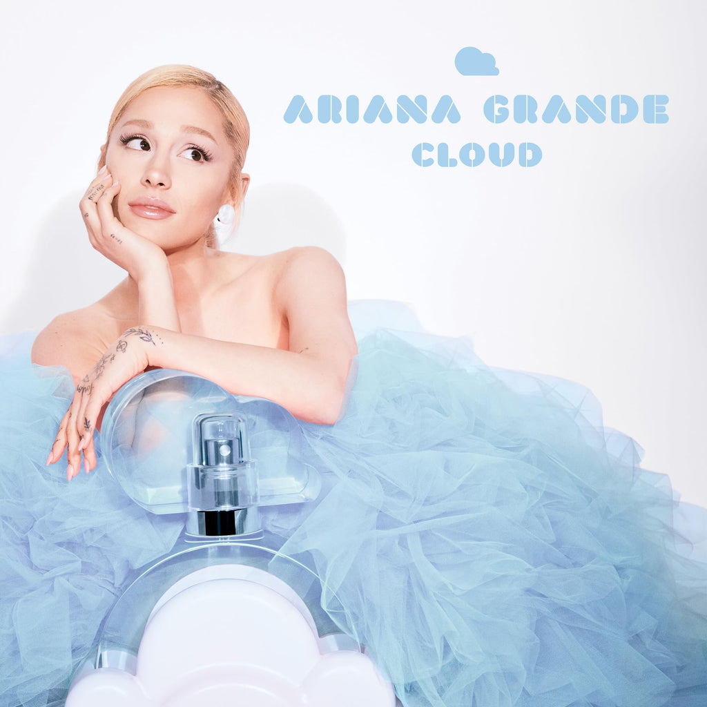 Ariana Grande Cloud Eau de Parfum bottle with lavender, coconut, vanilla, and pear notes, designed for women.