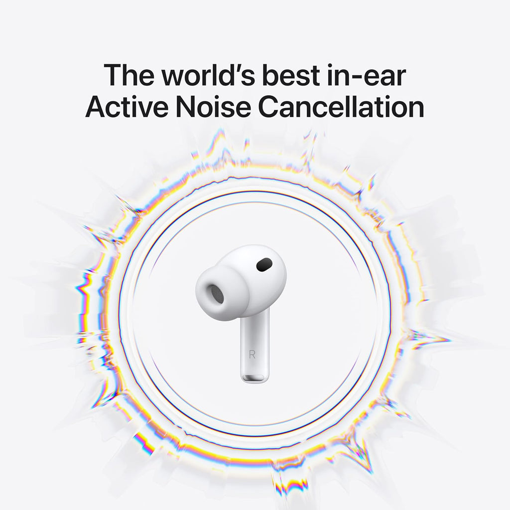 Apple AirPods Pro 3 wireless earbuds with active noise cancellation, Bluetooth, spatial audio, and sleek charging case.