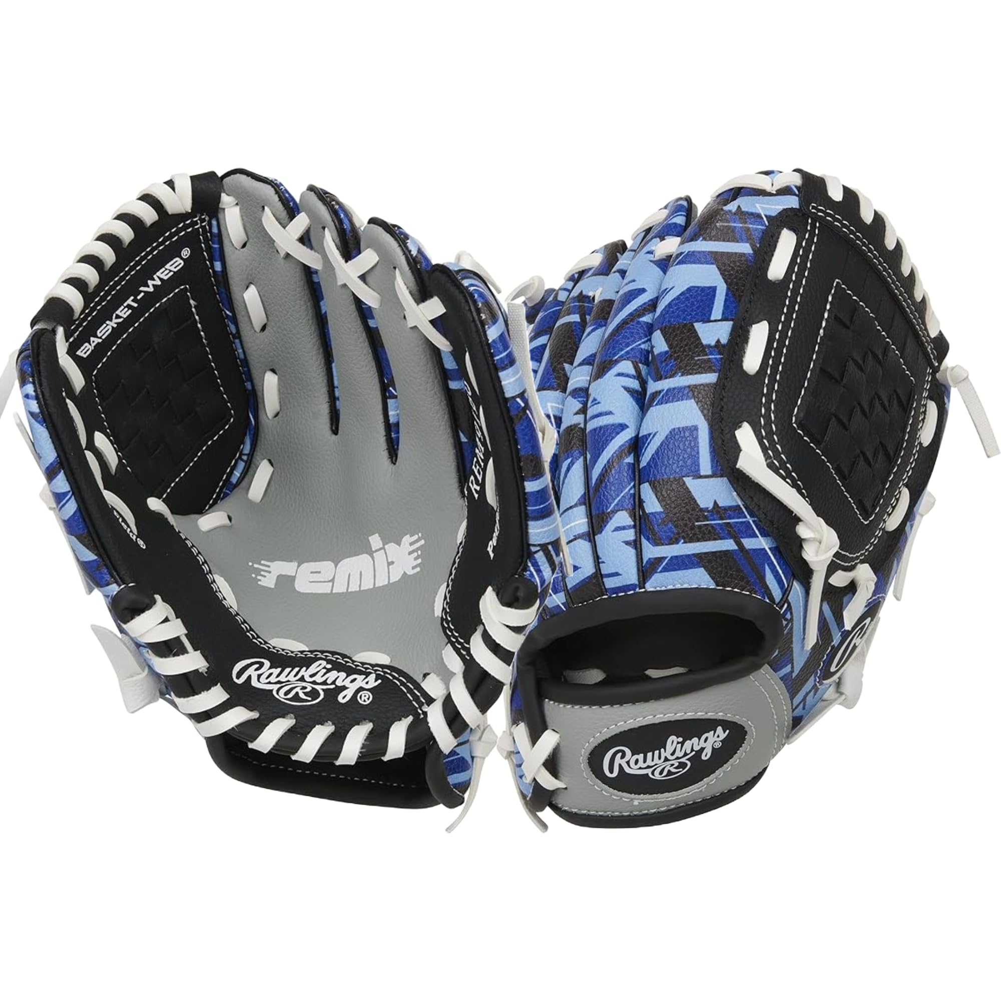 Rawlings Remix T-Ball and youth baseball/softball glove, 9 to 10.5 inches, with a brown leather design and adjustable strap.