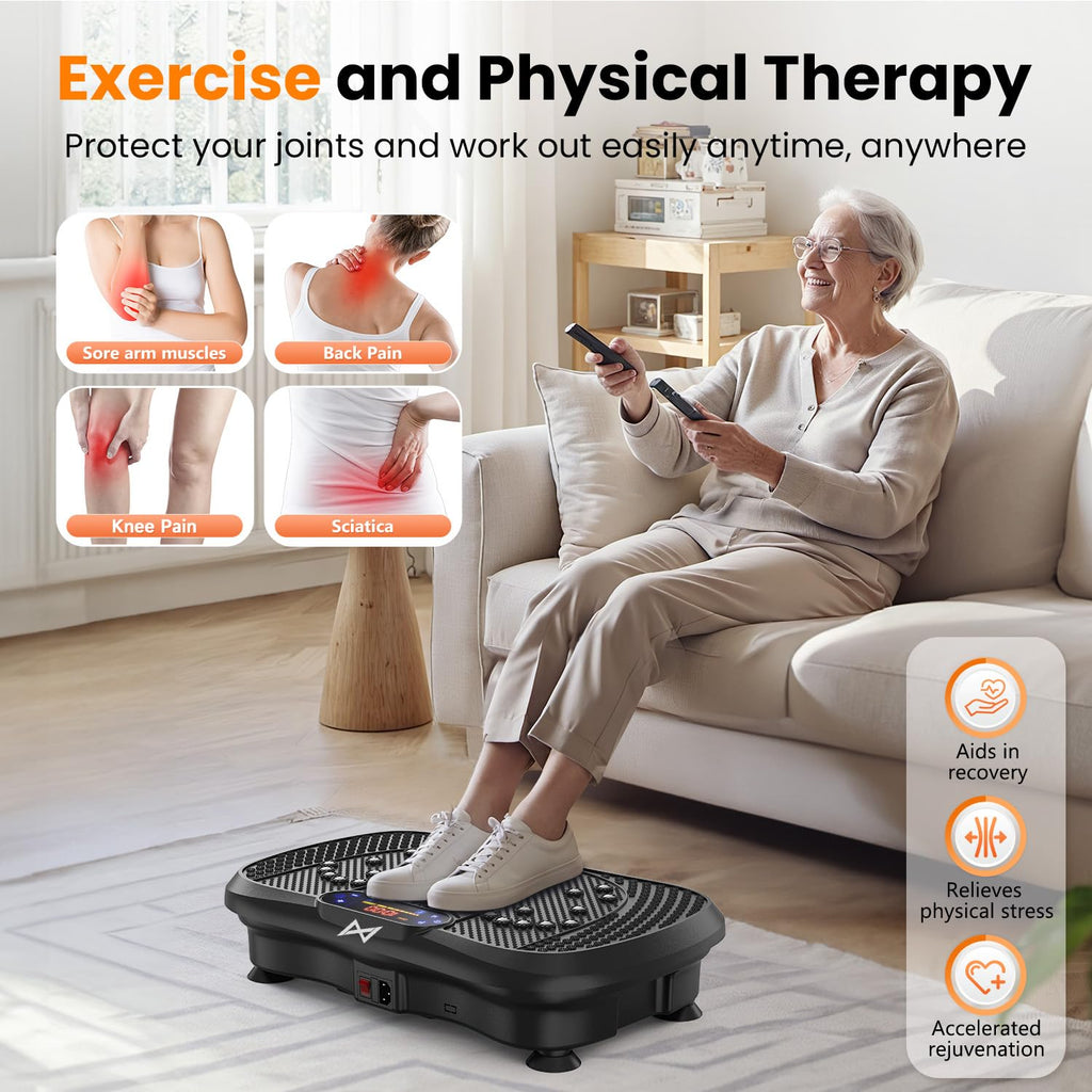 Old World Hub AXV Vibration Plate Fitness Machine with shaking platform for full-body workout, weight loss, and muscle toning.
